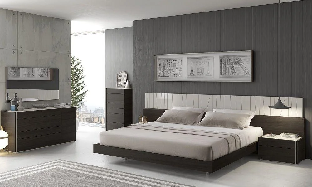 Modern Light Grey Lacquer & Wenge Veneer Queen Size Bedroom Set 3Pcs J&M Porto