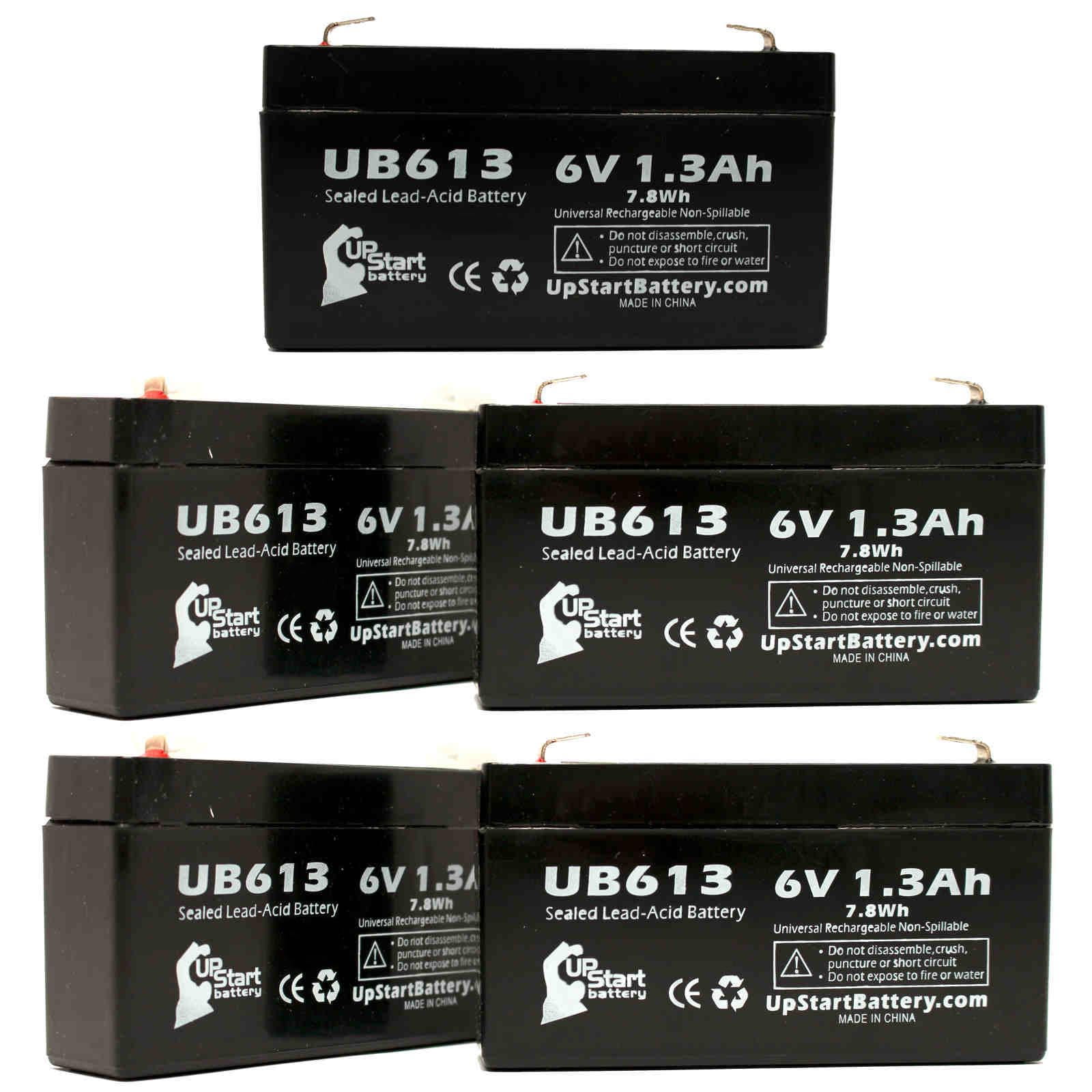 5x Pack - Compatible SOLO LIGHT 880514 Battery - Replacement UB613 Universal Sealed Lead Acid Battery (6V, 1.3Ah, 1300mAh, F1 Terminal, AGM, SLA) - Includes 10 F1 to F2 Terminal Adapters