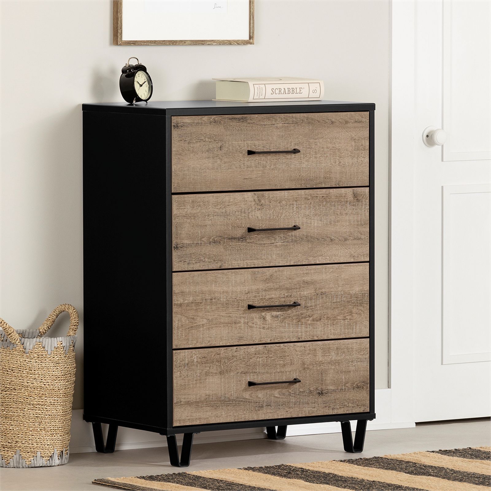 Pemberly Row Contemporary 4-Drawer Chest Weathered Oak and Matte Black