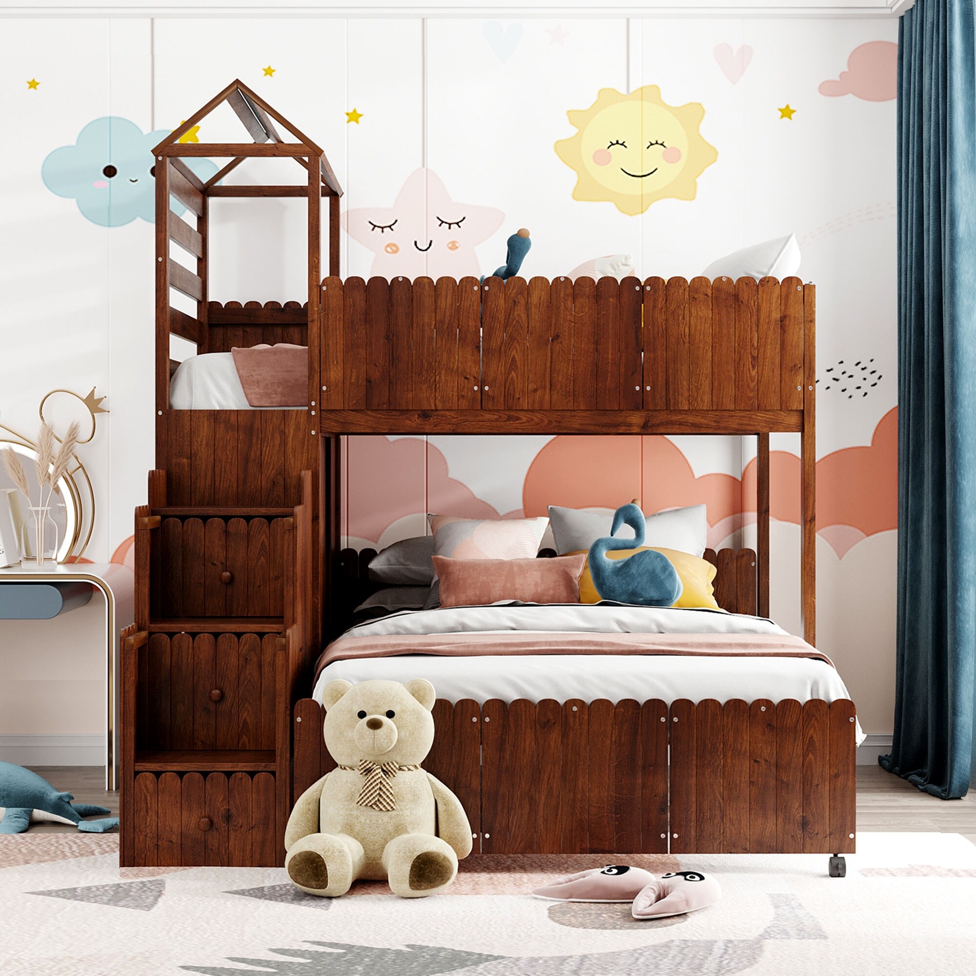 Unbranded Twin Over Full Bunk Bed with Two Shelves and Seven Drawers Espresso