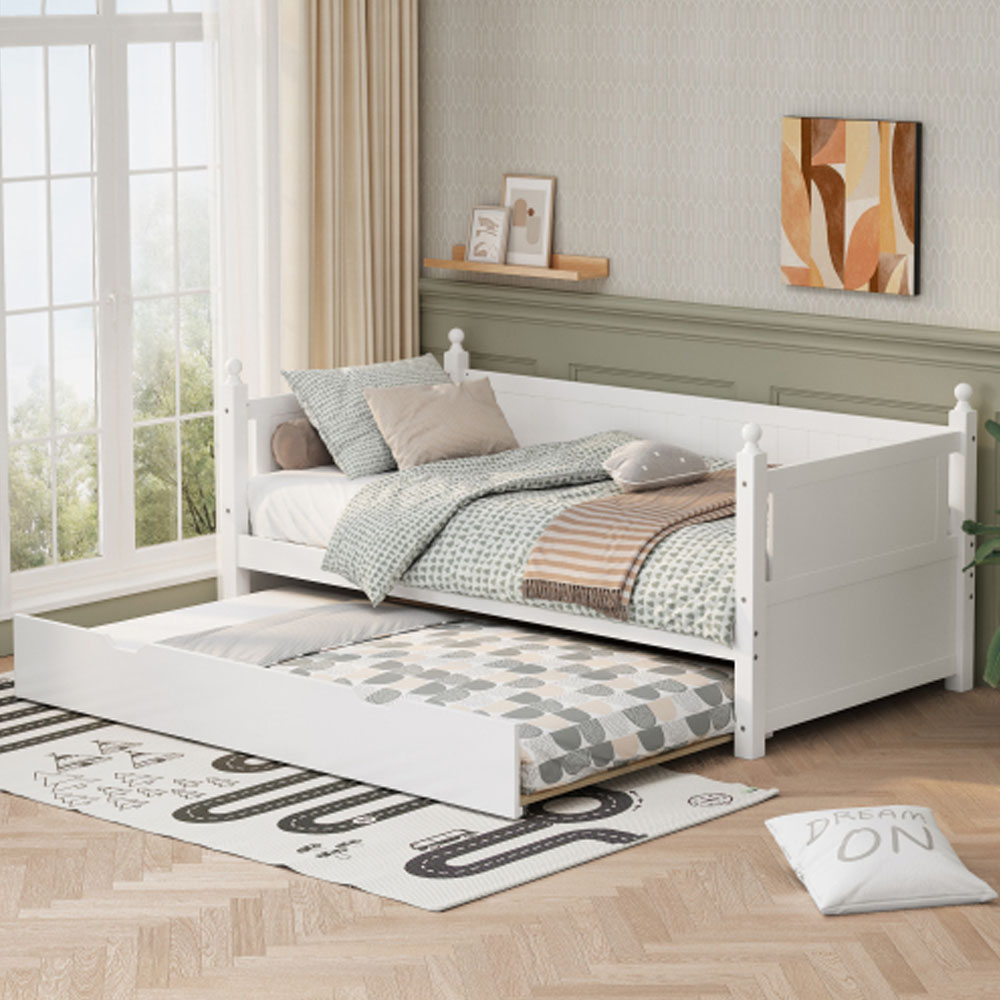 Twin Size Solid Wood Daybed with Trundle - White