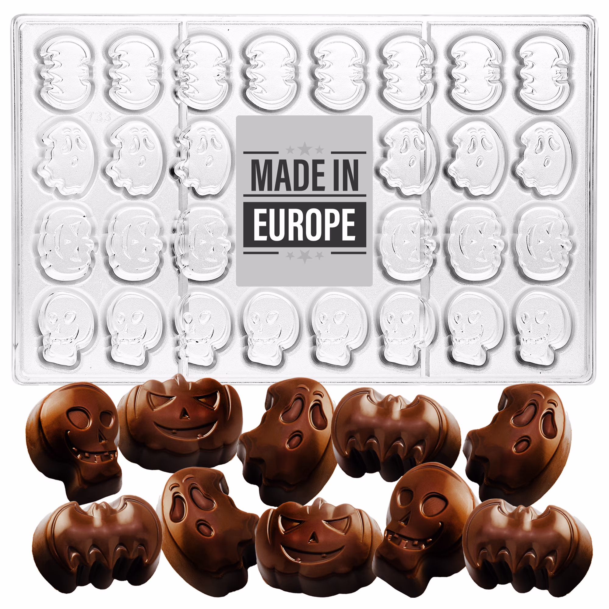 Crystalia, 3D Polycarbonate Chocolate Mold. Skull, Pumpkin, Ghost and Bat Shaped Mold for Making Halloween Candy