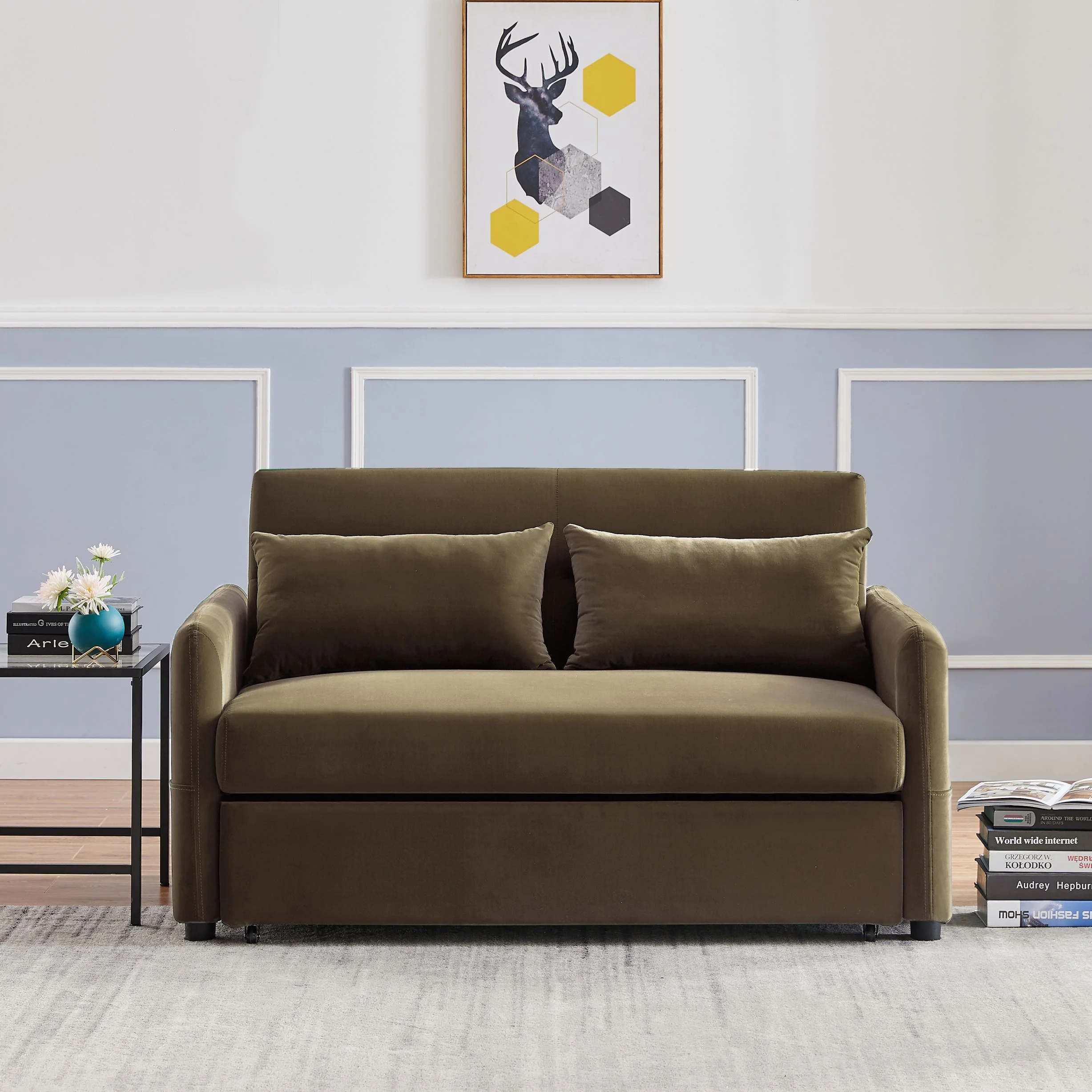 RUXAN Double seat sofa bed sofa with pull-out bed, adjustable backrest with 2 lumbar pillows for small living rooms, apartments, etc.-Light Brown