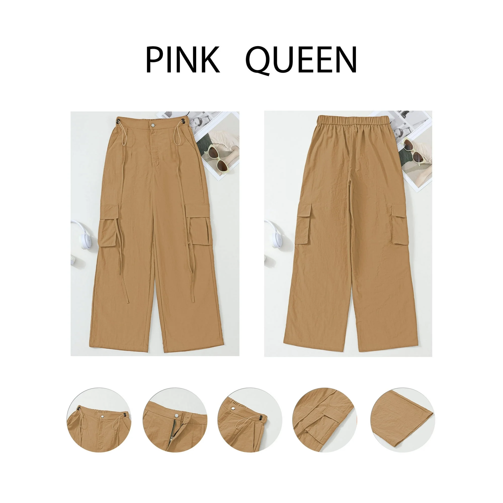 Pink Queen Women High Waisted Parachute Pants Y2k Baggy Relaxed Trousers Khaki L