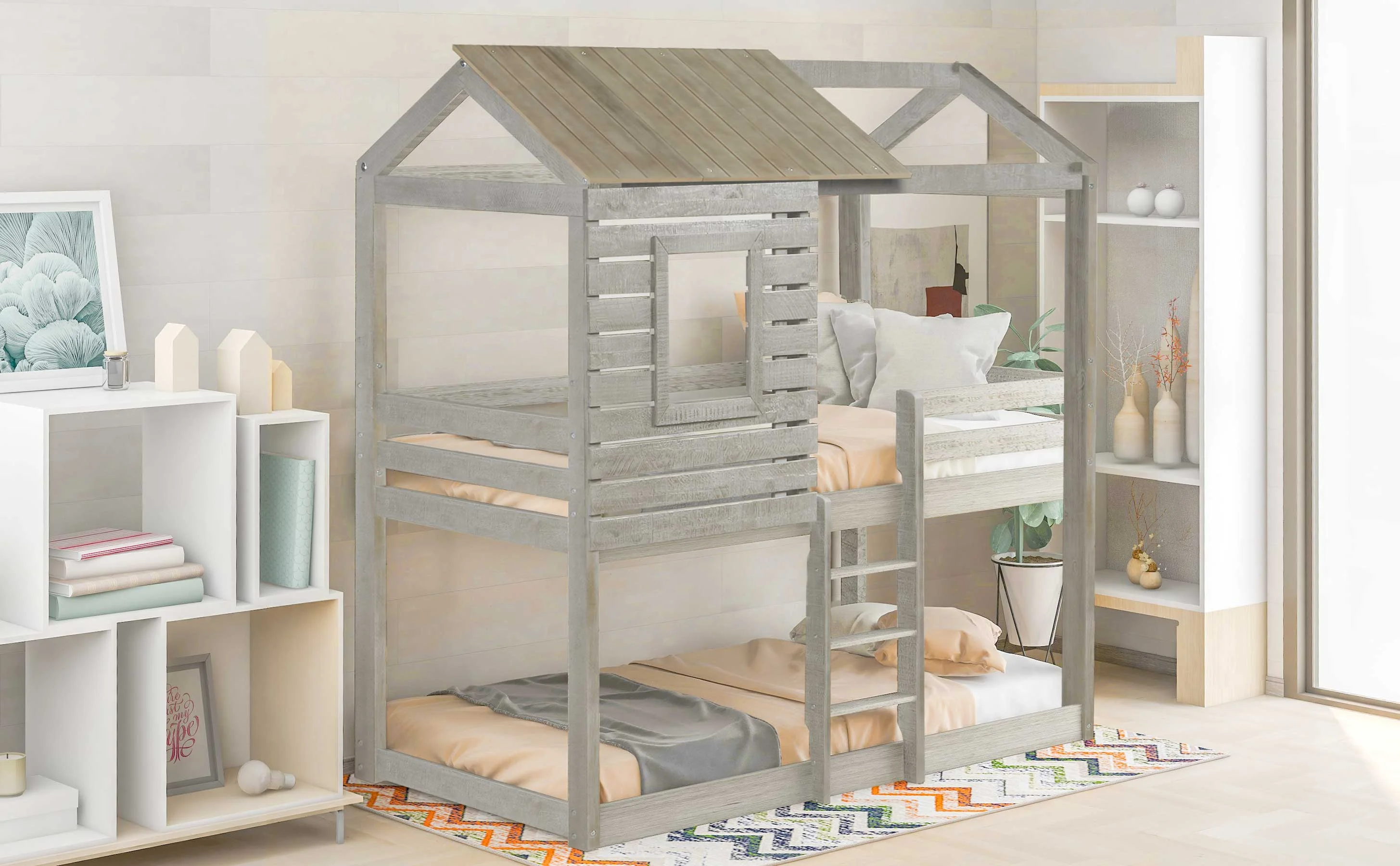 CoSoTower Twin Over Twin Bunk Bed Wood Loft Bed with Roof, Window, Guardrail, Ladder (Antique Gray )