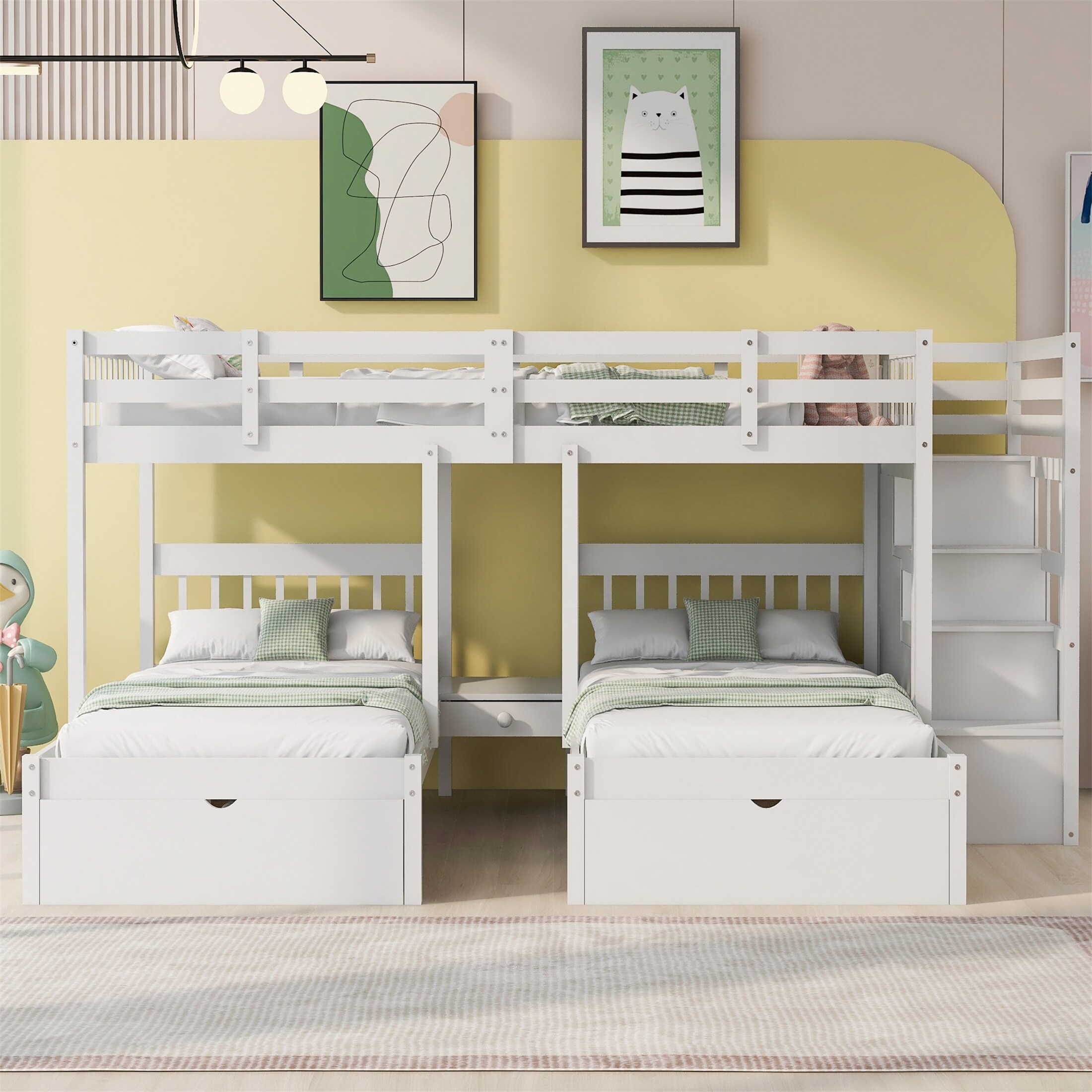 YJTONWIN Full Over Twin & Twin Bunk Bed Wood Triple with Drawers White