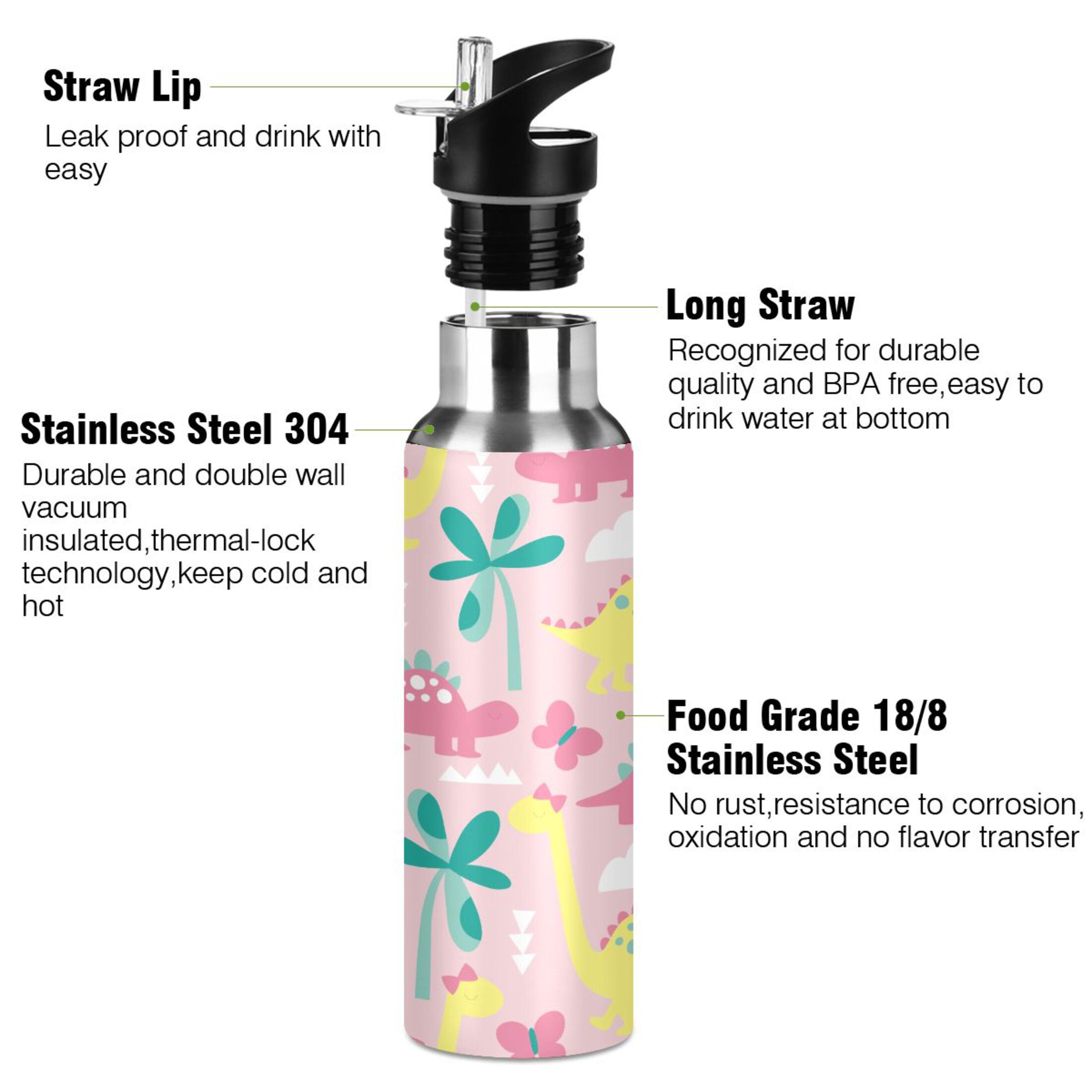 Water Bottle with Straw Lid Leak Pink Dinosaur Stainless Steel Insulated Thermos Vacuum Flask for Cold Hot Drinking for Sports Camping Gym Yoga