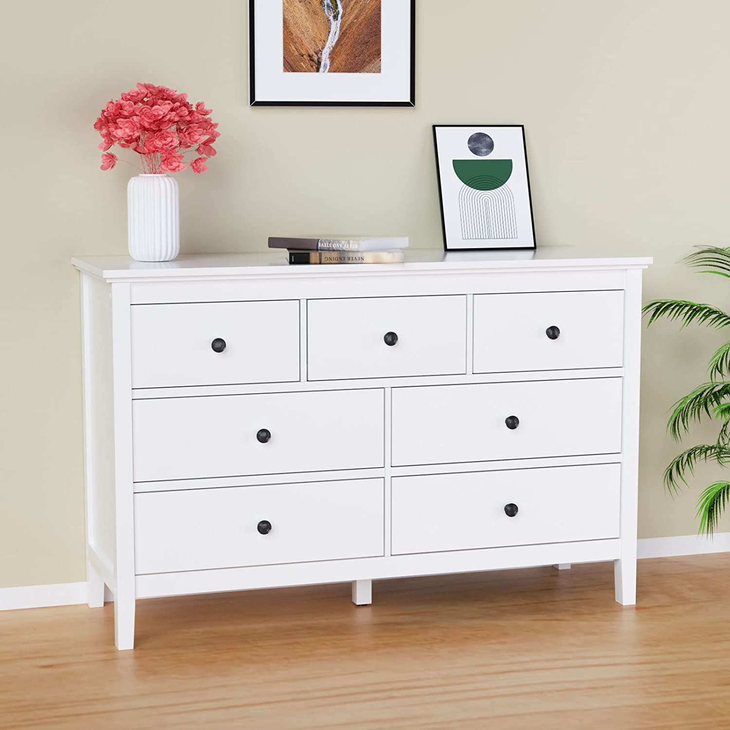 YOJFOTOOU. White Dresser, Modern Dresser for Bedroom, 7 Drawer Dresser with Wide Drawer and Metal Handles