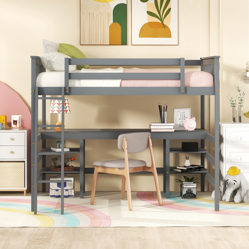 YEAG Sturdy Wooden Frame Full Size Loft Bed with Desk and Shelves, Gray