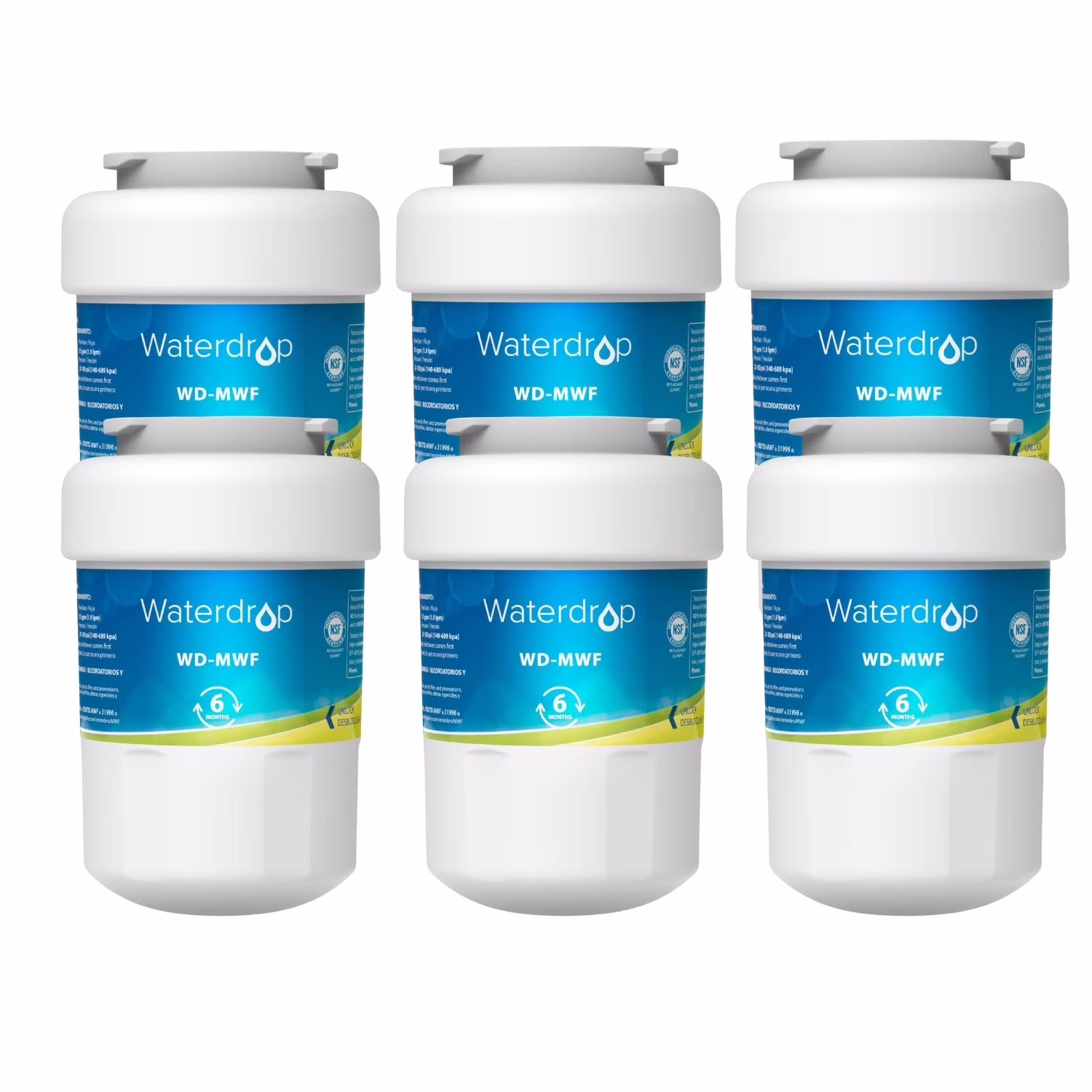 Waterdrop MWF Refrigerator Water Filter, NSF 42 Certified, Compatible with GE SmartWater MWF, MWFINT, MWFP, MWFA, GWF, HDX FMG-1, GSE25GSHECSS, WFC1201, RWF1060, Kenmore 9991 (Pack of 6)