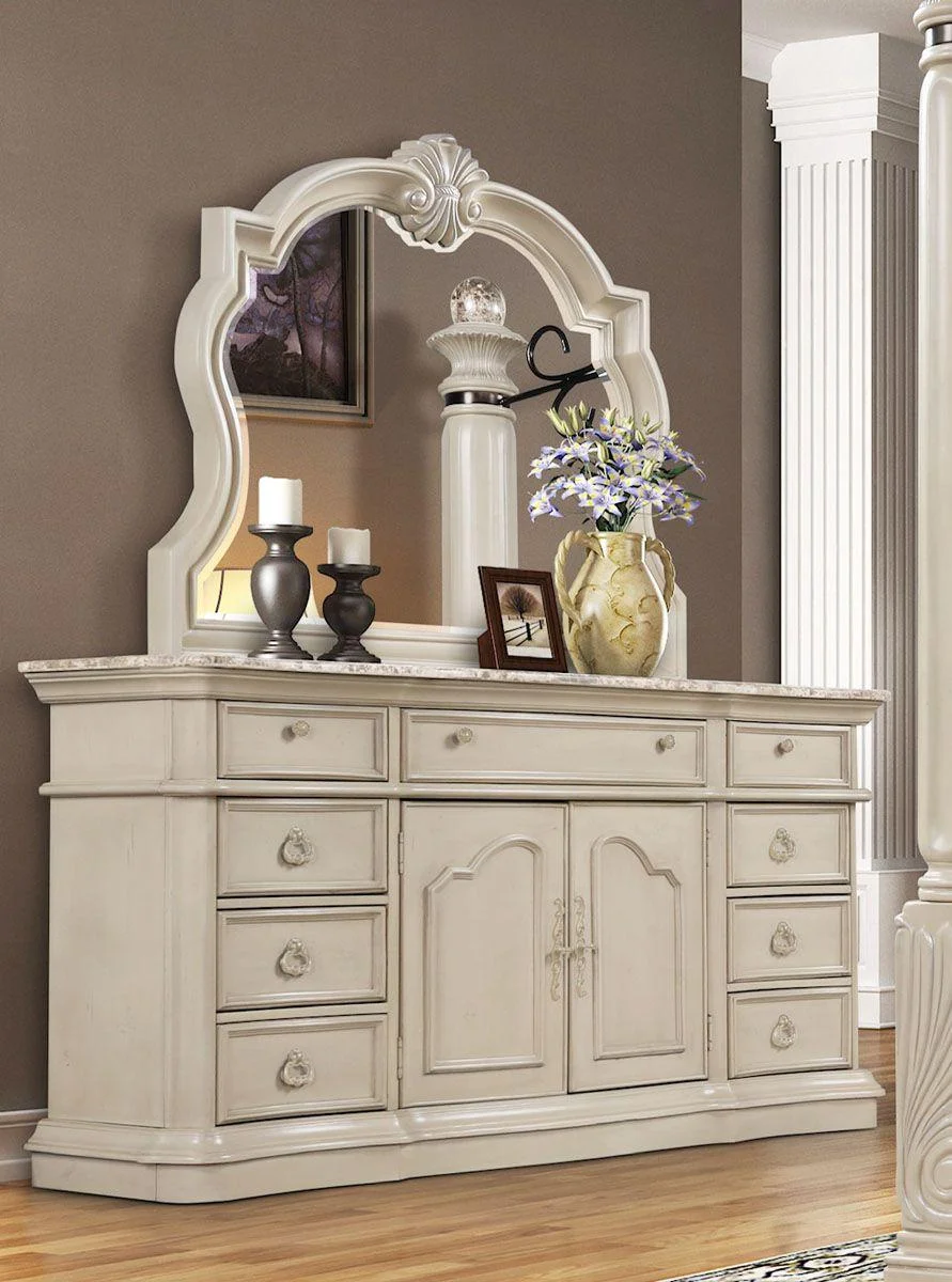 Antique White Solid Hardwood Queen Canopy Bedroom Set 4Pc McFerran B6006 Classic