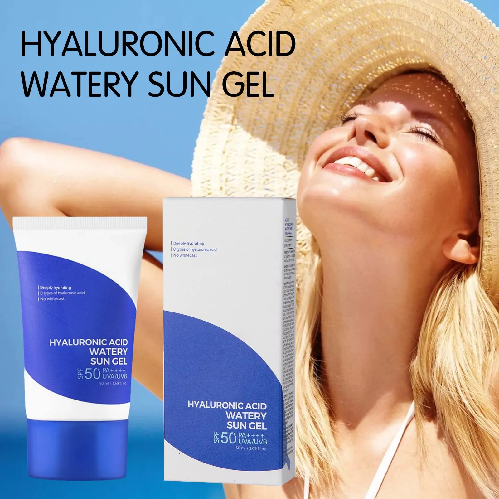 Pecoda Hyaluronic Acid Watery Sun Gel, Summer Sunscreen, Hyaluronic Acid Natural Sun Cream SPF50+ PA++++ 50ml, Deep Hydrating Face Water Essence 1.69 Fl Oz(3pcs)