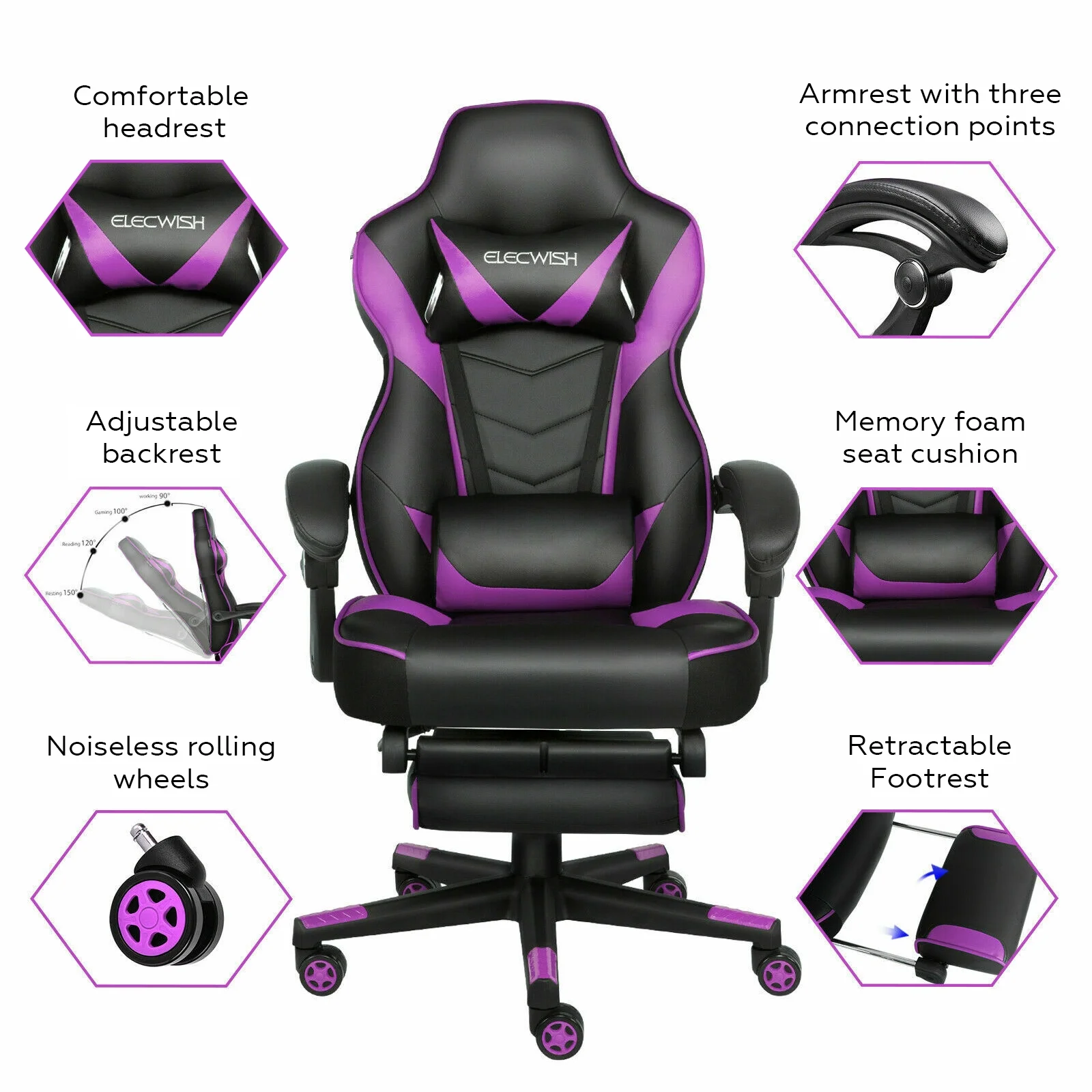 ELECWISH Ergonomic & Lumbar Support Gaming Chair Rocker, Purple