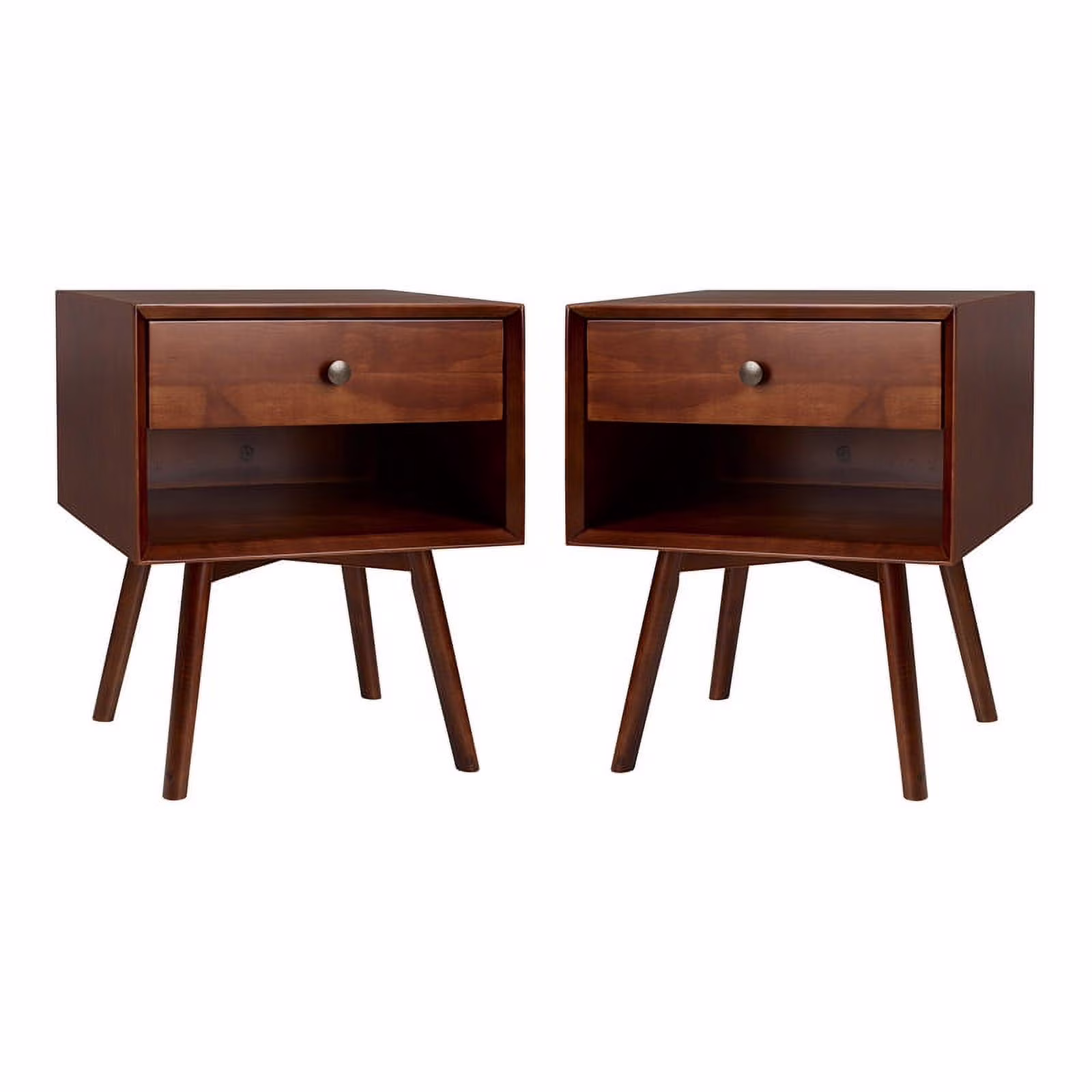 Walker Edison 2-Piece Mid-Century Solid Pine Wood Bedroom Nightstand in Walnut