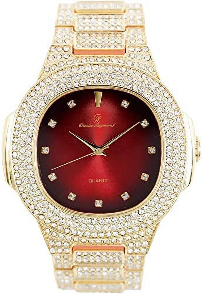 Bling-ed Out Oblong Case Mens PP Look Watch with Blood Red Dial, Matching Bling-ed Out Cuban Bracelet and King Ring Set - 8475 CR Cuban Set (9, Red - Gold)