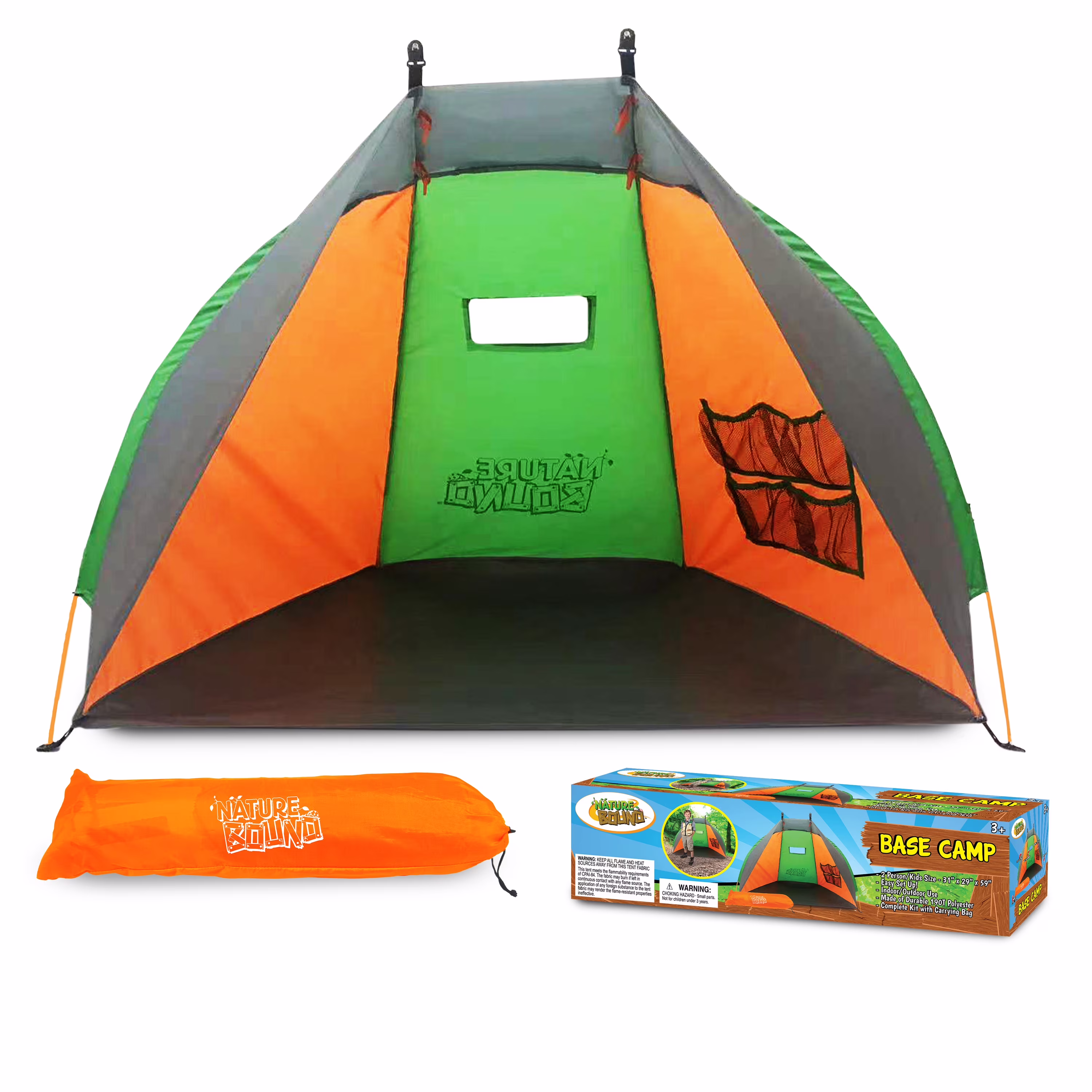 Nature Bound Base Camp 2-Person Kids Tent - Durable Indoor & Outdoor Camping Play Gear for Boys & Girls, Green & Orange
