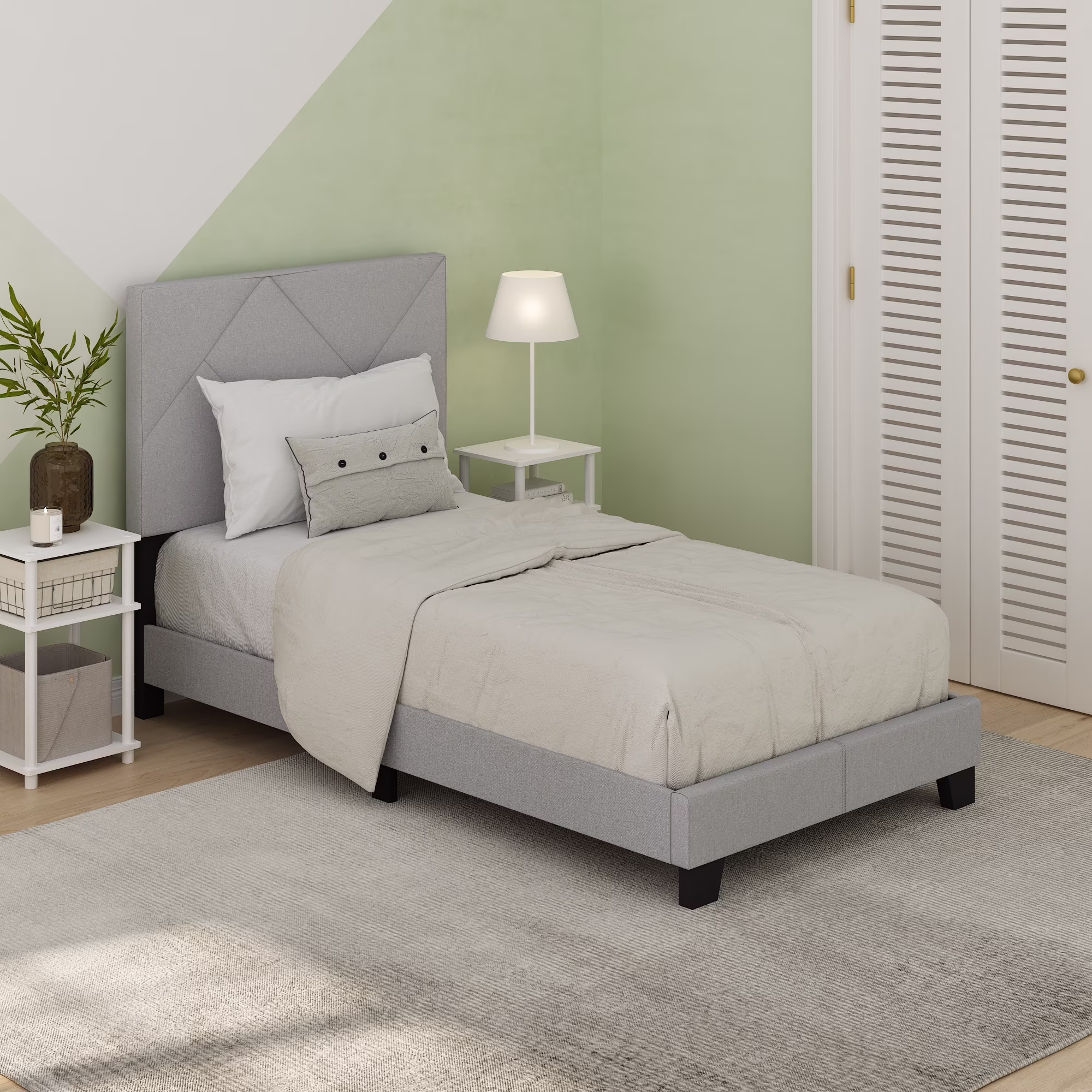 Furinno Skylar Geometric Design Headboard Bedframe, 12PC Slat Style, Glacier, Twin