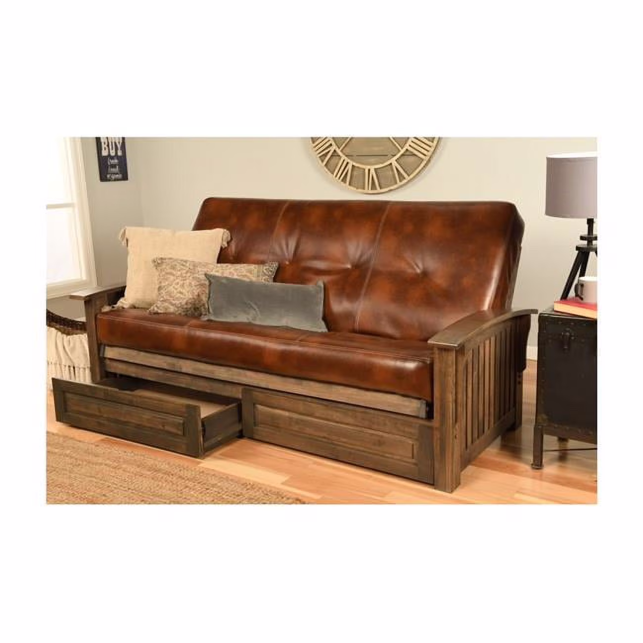 Washington Rustic Walnut Futon Frame with Oregon Trail Saddle Mattress & Storage Drawers - Full Size
