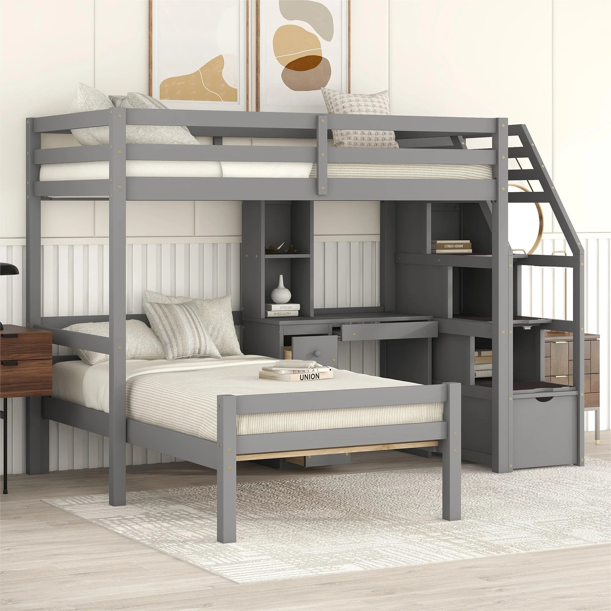 Nestfair Teen/Kids Twin Loft Bed with Twin Platform Bed,Storage Staircase,Versatile Desk,Solid Wood,Gray