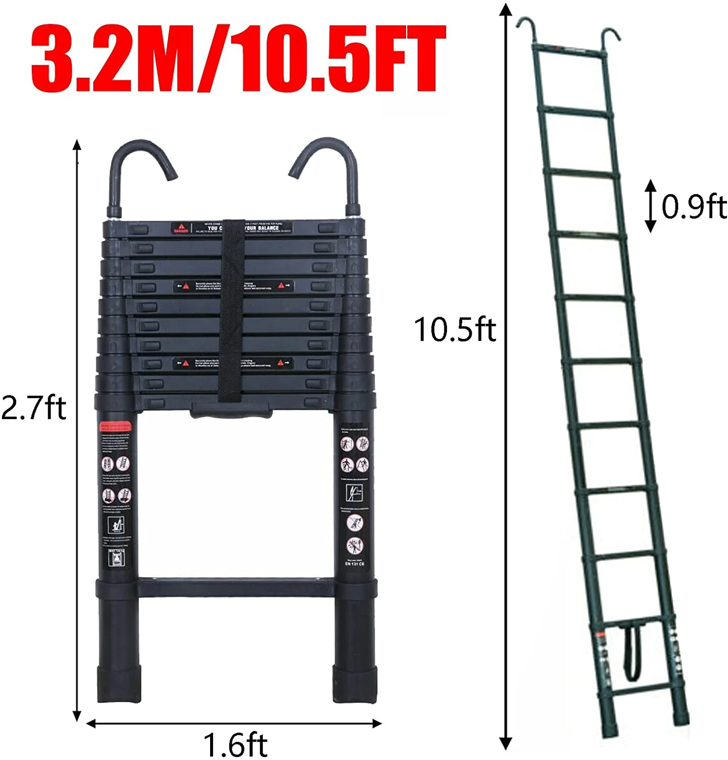 Dayplus 3.2M/10.5Ft Folding Aluminum Telescopic Extension Ladder Step with Hook