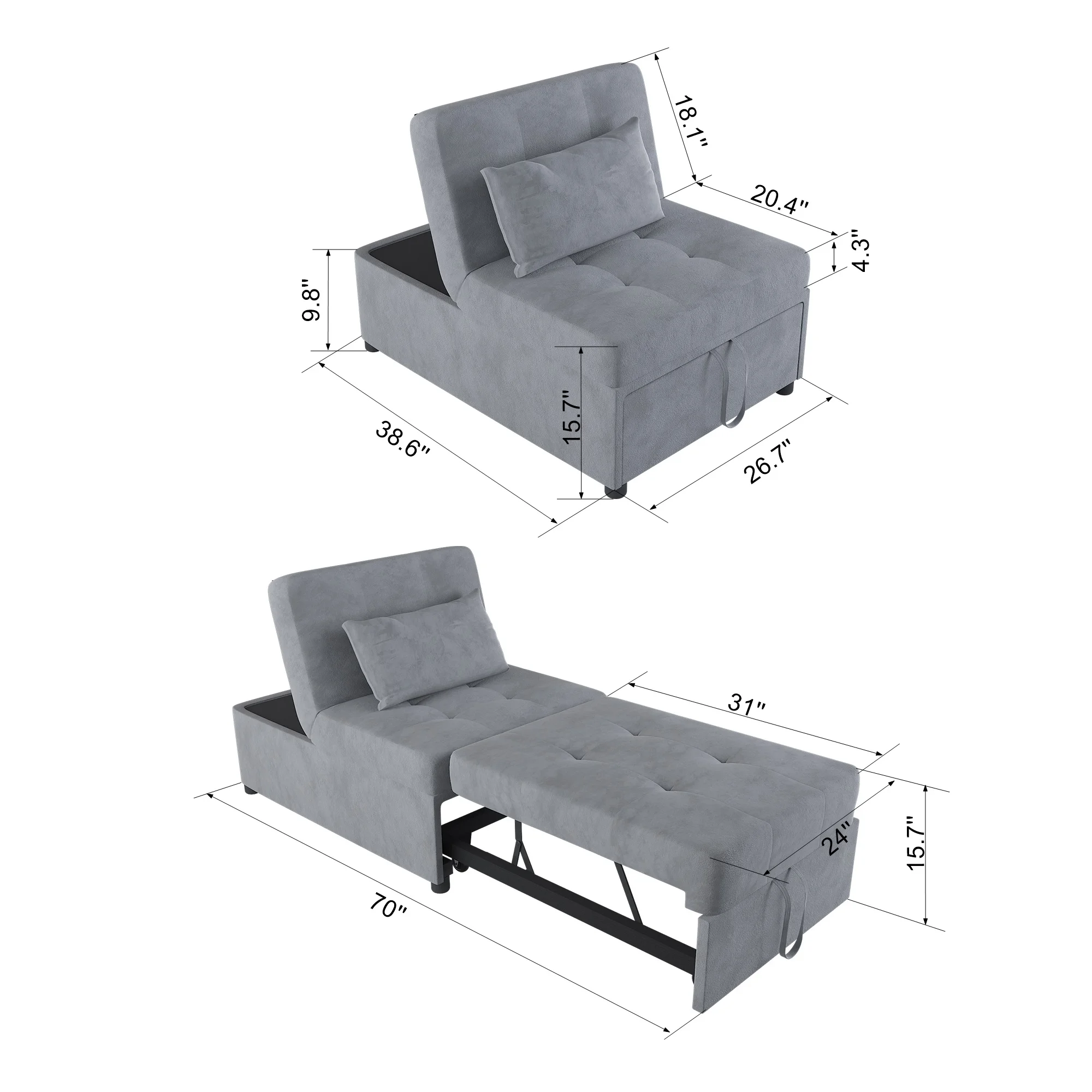 Giratree 4 in 1 Multi-Function Folding Velvet Sleeper Sofa Bed, Single Sofa with Ottoman and Adjustable Backrest