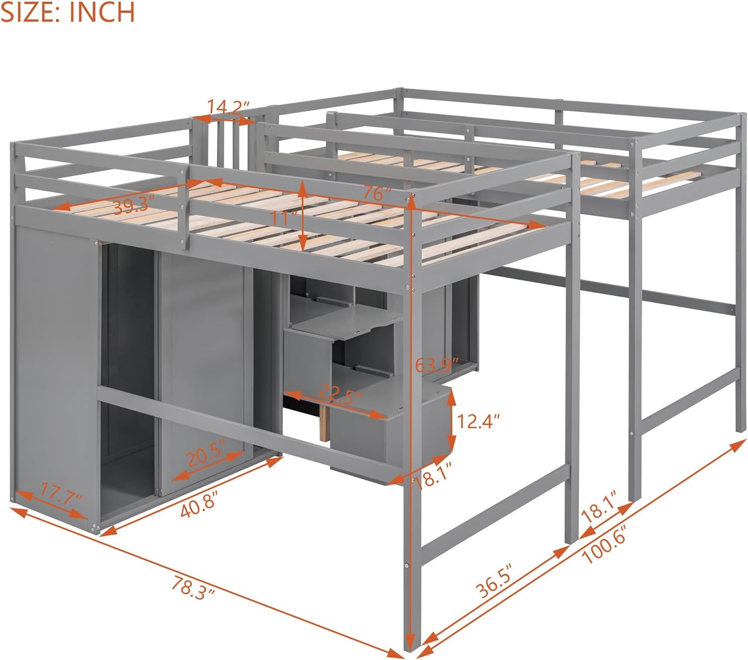 Double Lof Beds Wih Wardrobes Ad Sairs, Solid Wood Lof Bed Frame Wih Sorage, Gray HJH-L540AAE