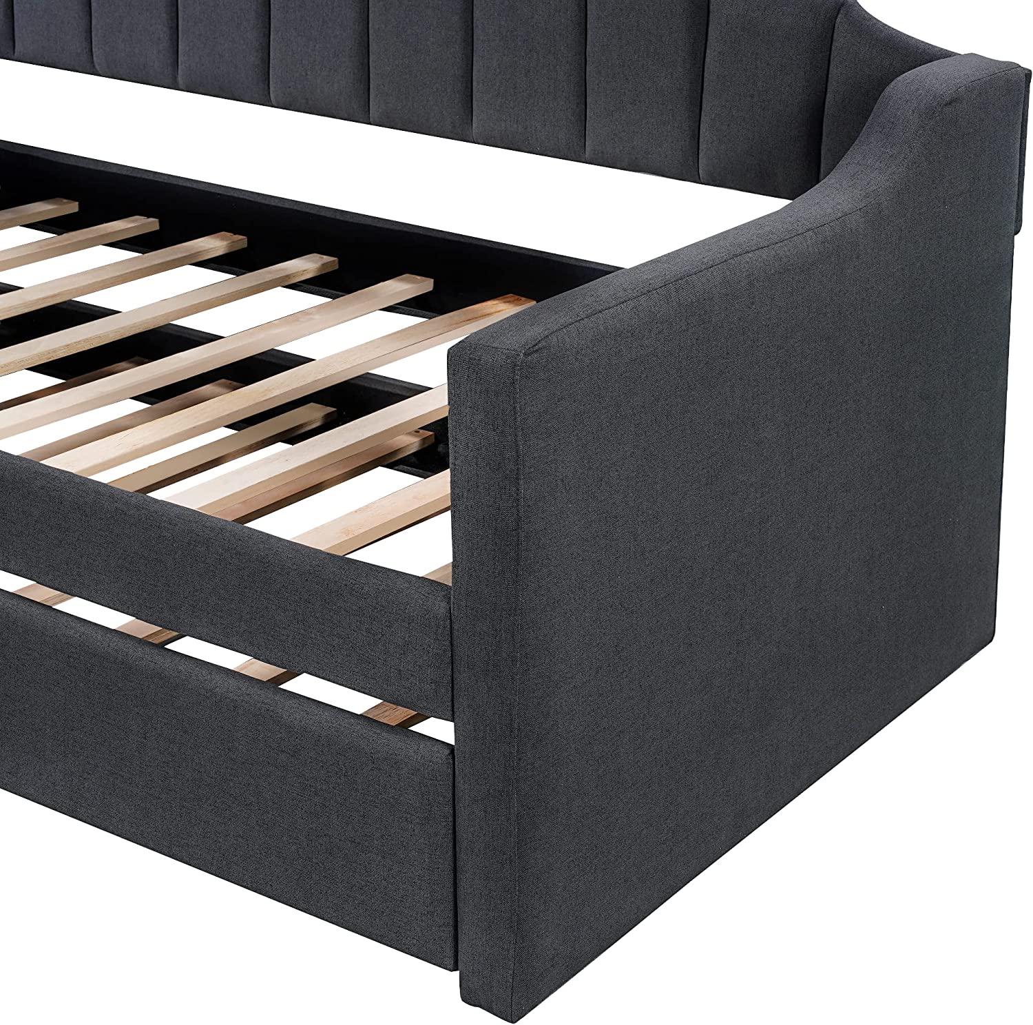 Daybed Wi Trundle, Upholstered Sofa Bed Wood Bed Frame Wi Swooping Arms, Daybed Frame No Box Spring Needed (Black)