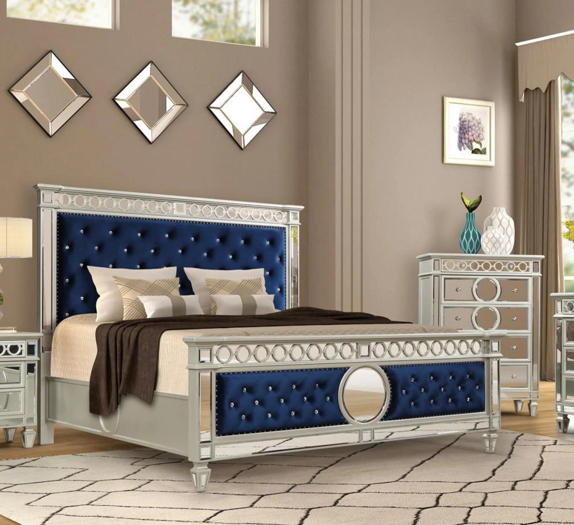 Blue Velvet & Mirror Accents King Bedroom Set 6Pcs McFerran B1688 Contemporary