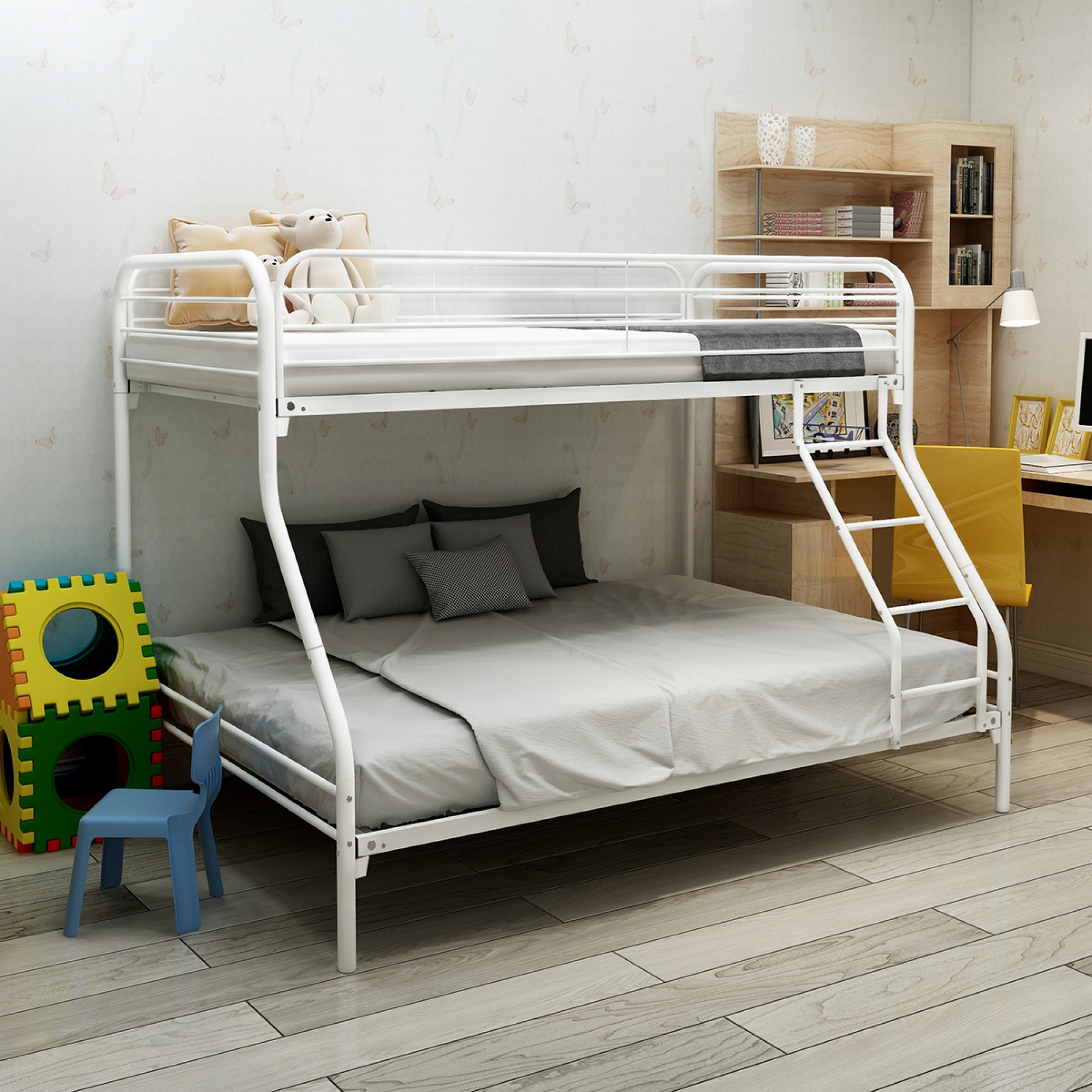 Twin-Over-Full Metal Bunk Bed, Easy Assembly, Enhanced Upper-Level Guardrail, White, Heavy Duty