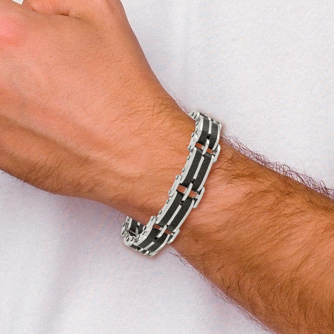 Chisel Stainless Steel Polished with Solid Black Carbon Fiber Link Bracelet - 8