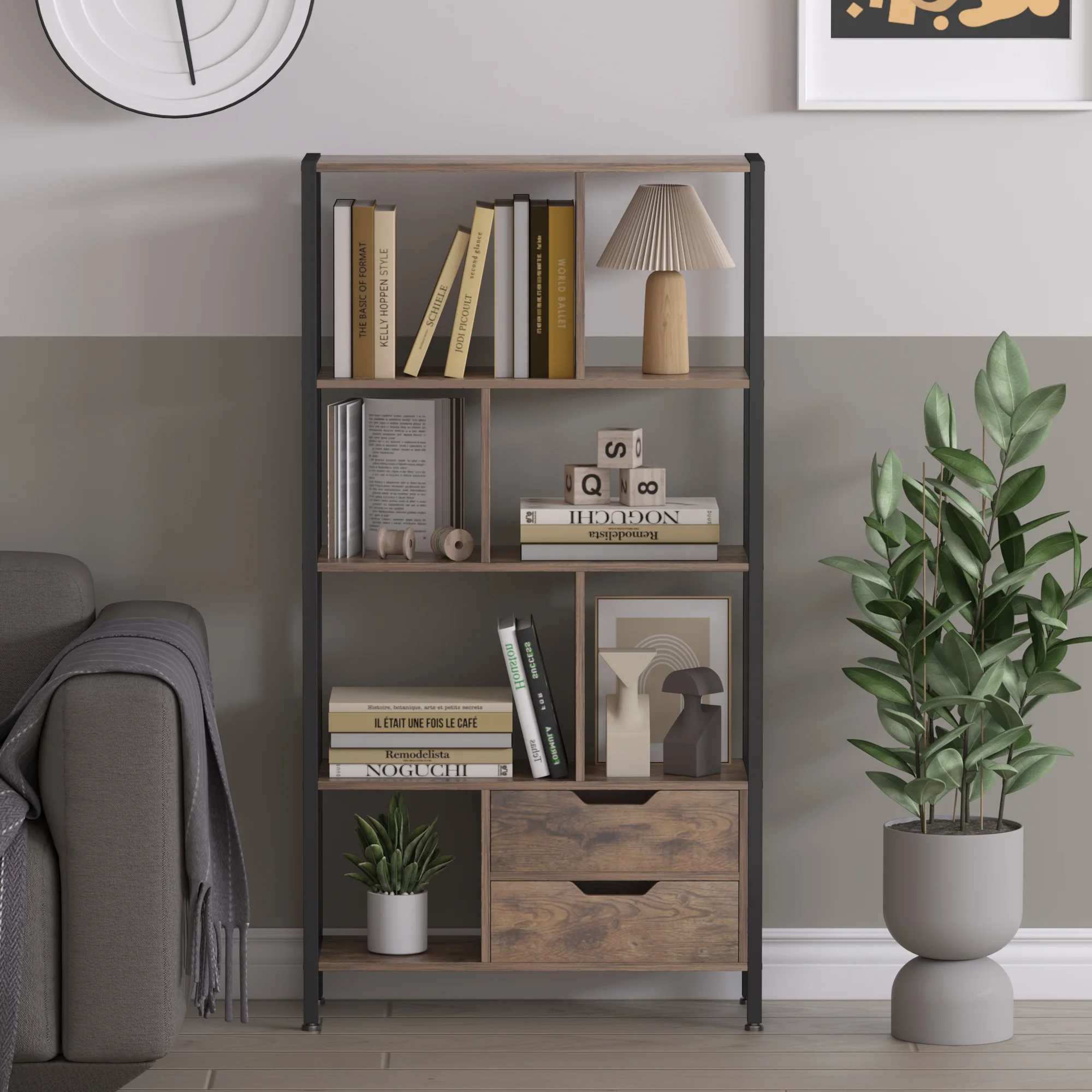 NAIYUFA Bookcase, 4-Tier Wood Bookshelf with 2 Drawers,Book Display Shelf for Living Room, Bedroom, Office,Brown