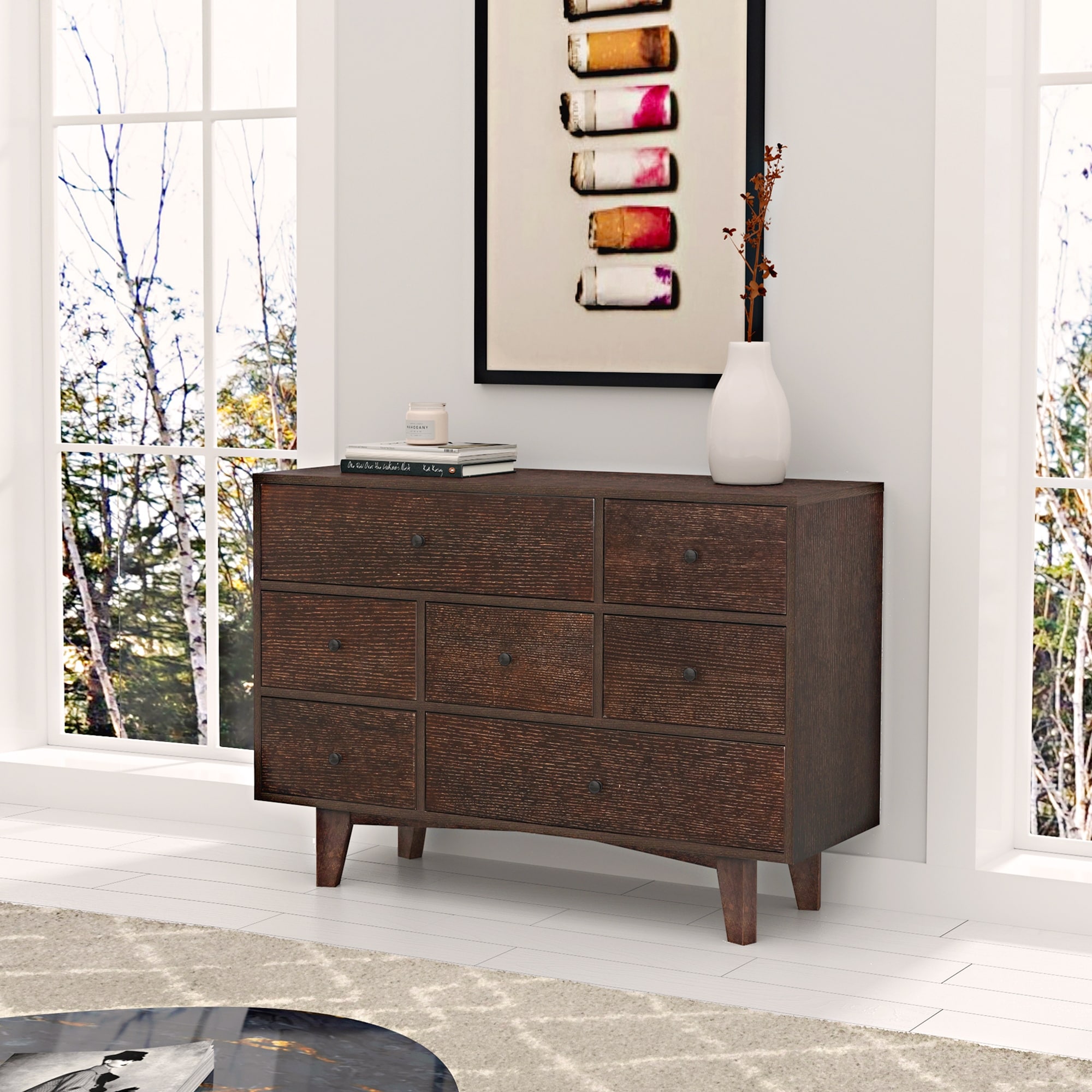 7 Drawers Dresser Cabinet with Retro Round Handle, Solid Wood Construction, and Space-Saving Design