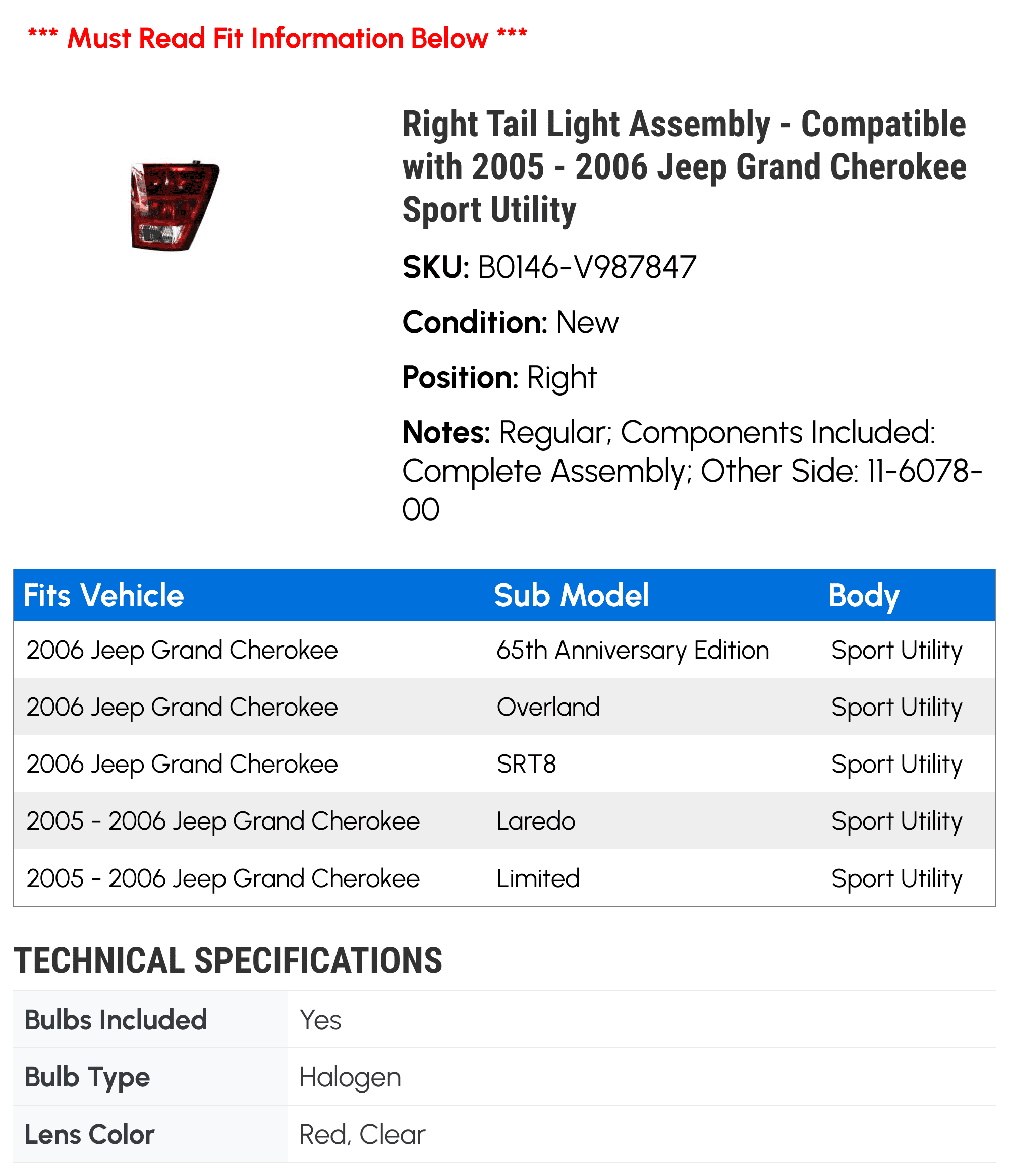 Right Tail Light Assembly - Compatible with 2005 - 2006 Jeep Grand Cherokee Sport Utility