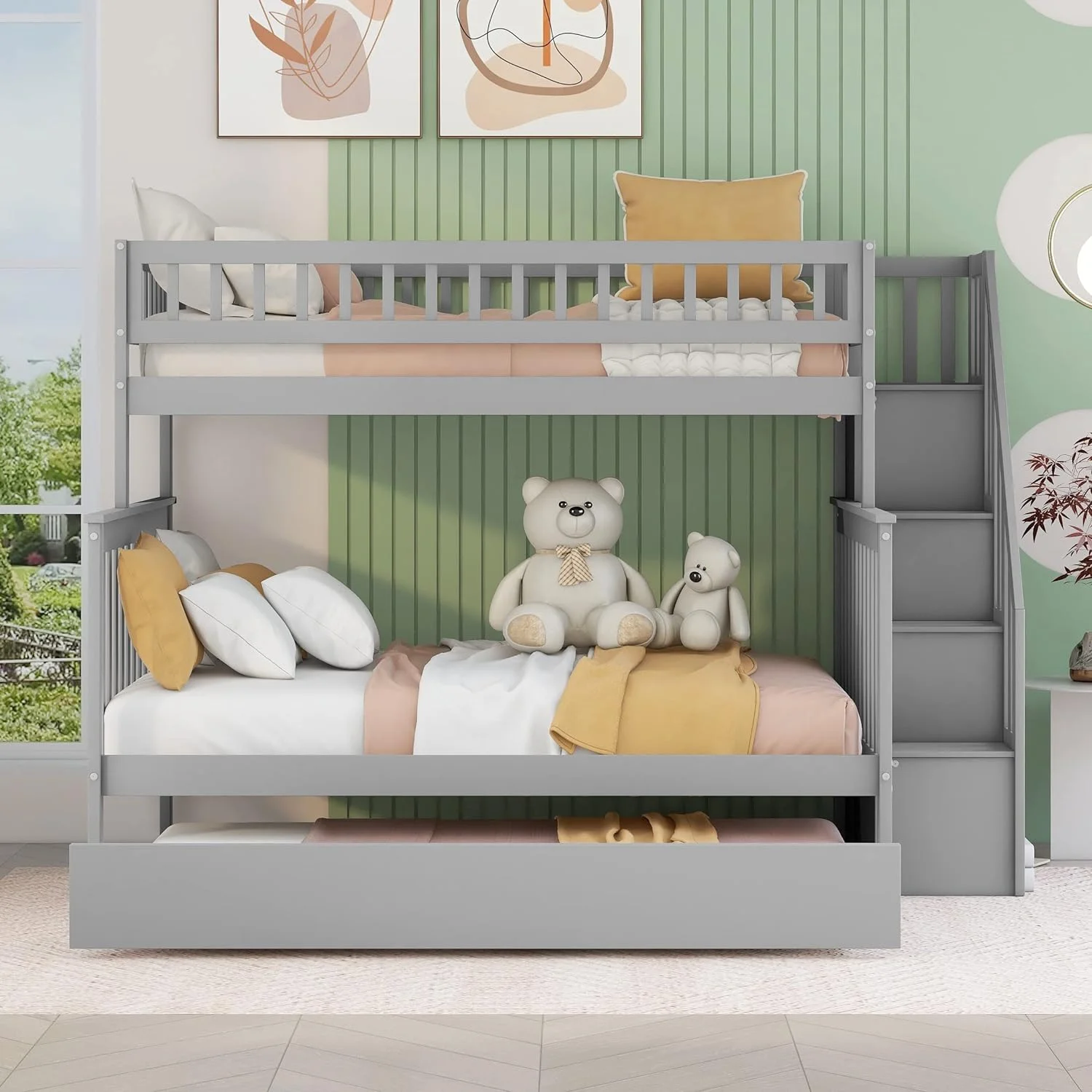 Solid Wood Over Full Bunk Beds With Trundle And Storage, Kids Bunk Beds With Trundle Bed (Gray Over Full Bunk Beds)