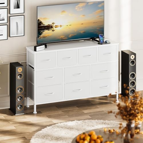 xrboomlife Dresser TV Stand with Power Outlet  43" Long Dresser for Bedroom with 10 Fabric Drawers  Chest of Drawers for Living Room  Hallway  Nursery (White)