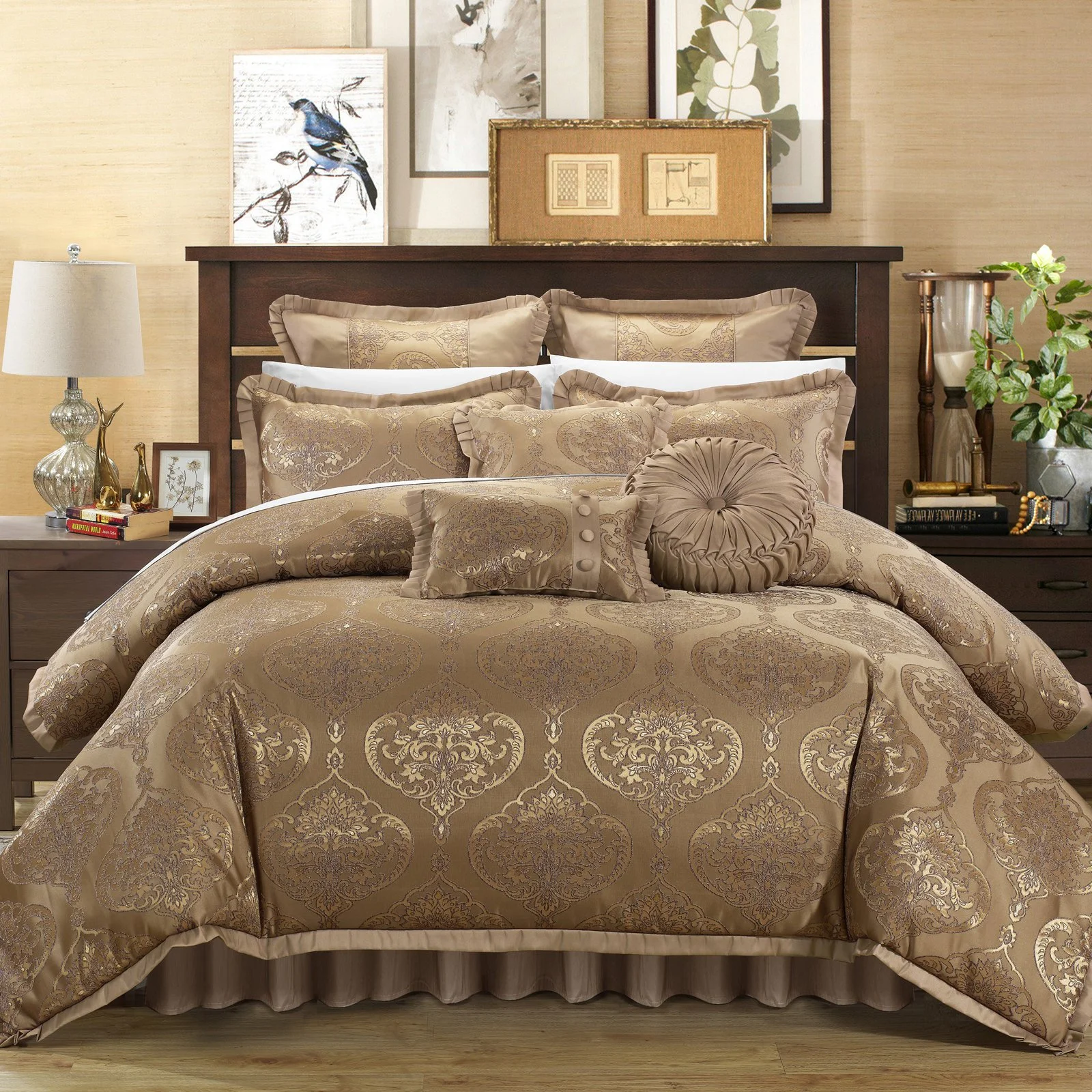 Chic Home Giovani 9-Piece Jacquard Comforter Set, Queen, Gold