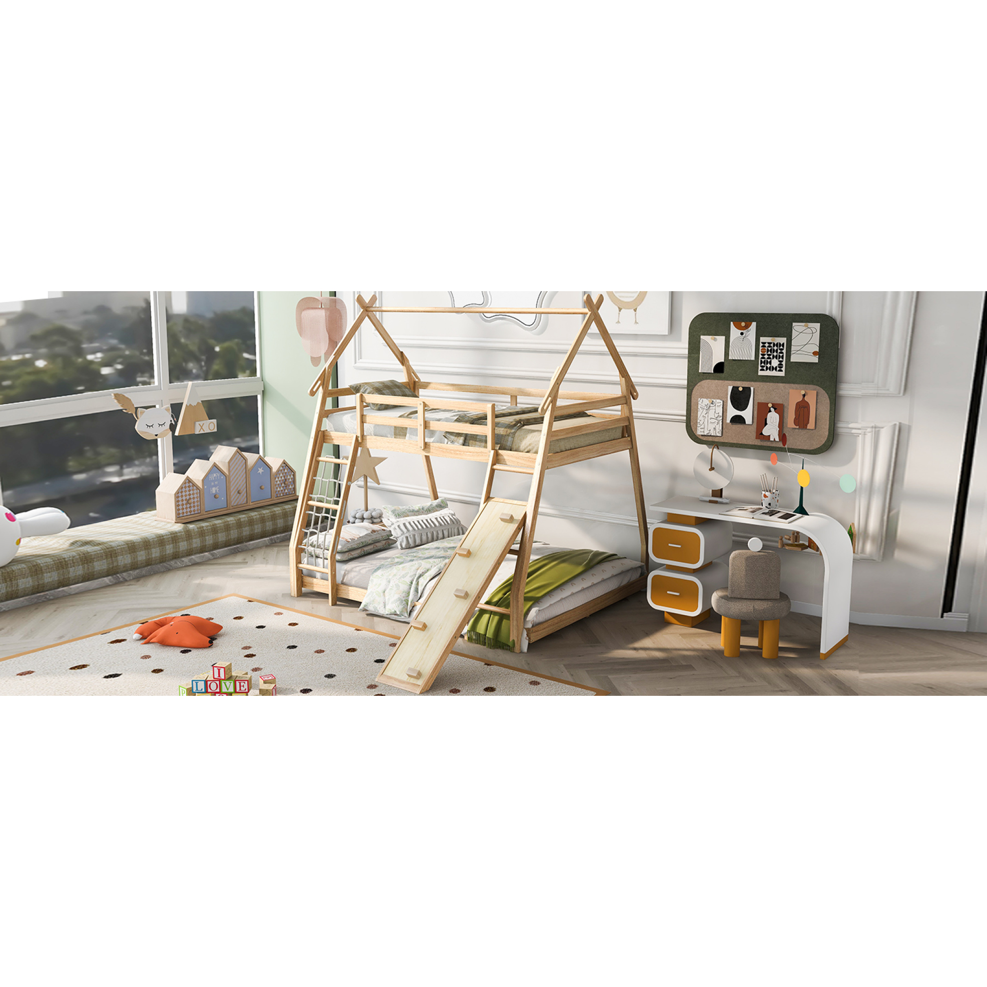 Dawn Whisper Twin over Queen House Bunk Bed with Climbing Nets and Climbing Ramp, Natural