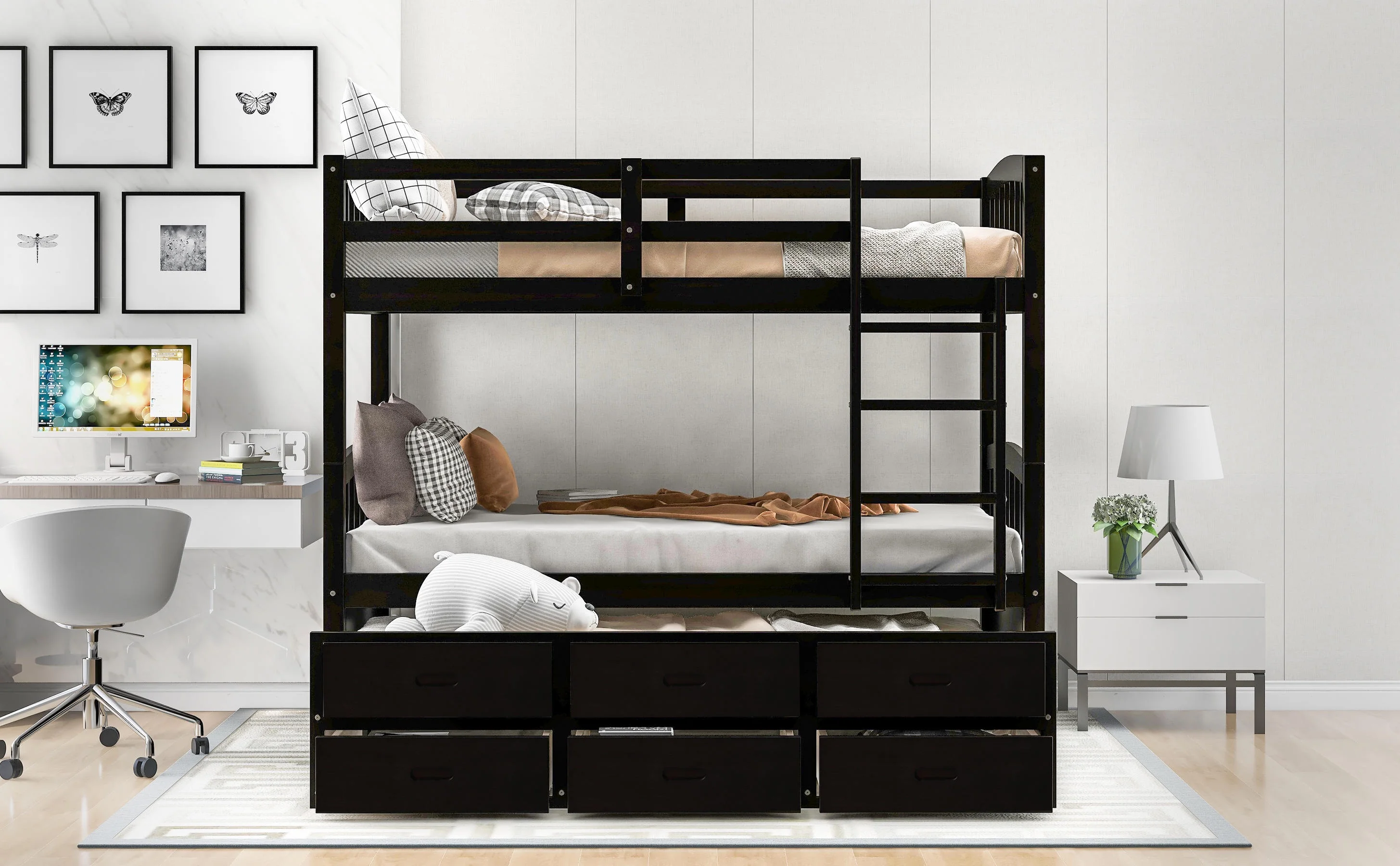 CoSoTower Twin Over Twin Wood Bunk Bed With Trundle And Drawers, Espresso