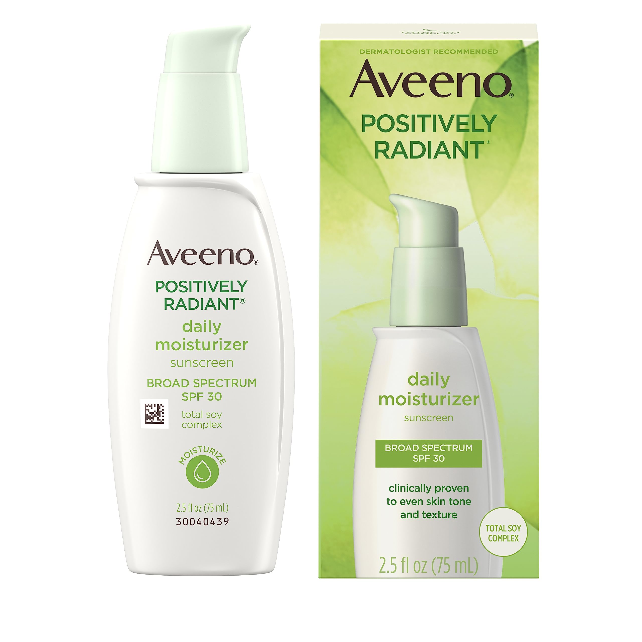 Aveeno Positively Radiant Daily Facial Moisturizer With Total Soy Complex And Broad Spectrum Spf 30 Sunscreen, Oil-Free And Non-Comedogenic, 2.5 Fl. Oz