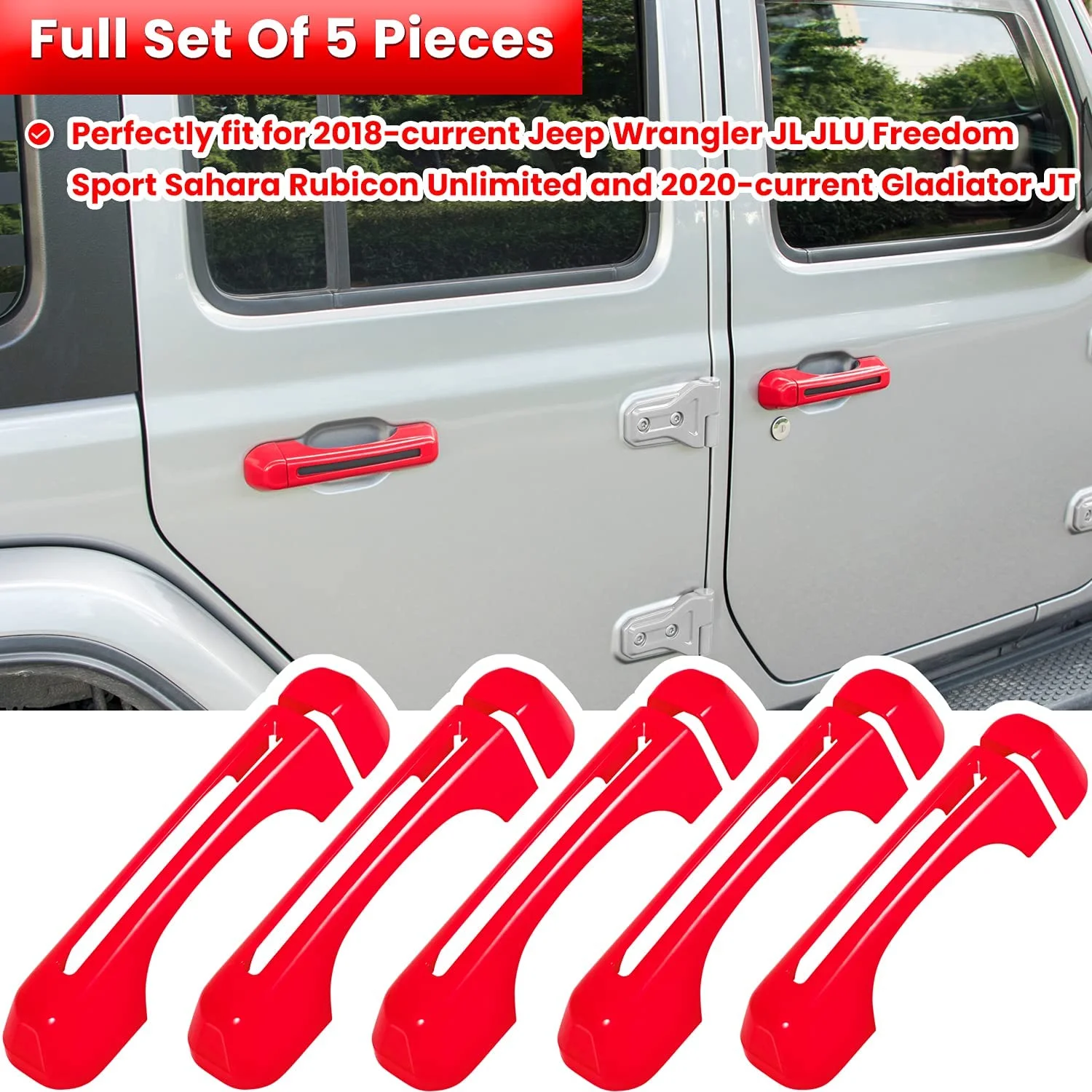 E-cowlboy Door Handle Inserts Cover Trim+Tailgate Handle Cover for 2018-2022 Jeep Wrangler JL JLU Sports Sahara Freedom Rubicon Unlimited Gladiator JT 2-Door & 4-Door Exterior Accessories (Red 5PCS)