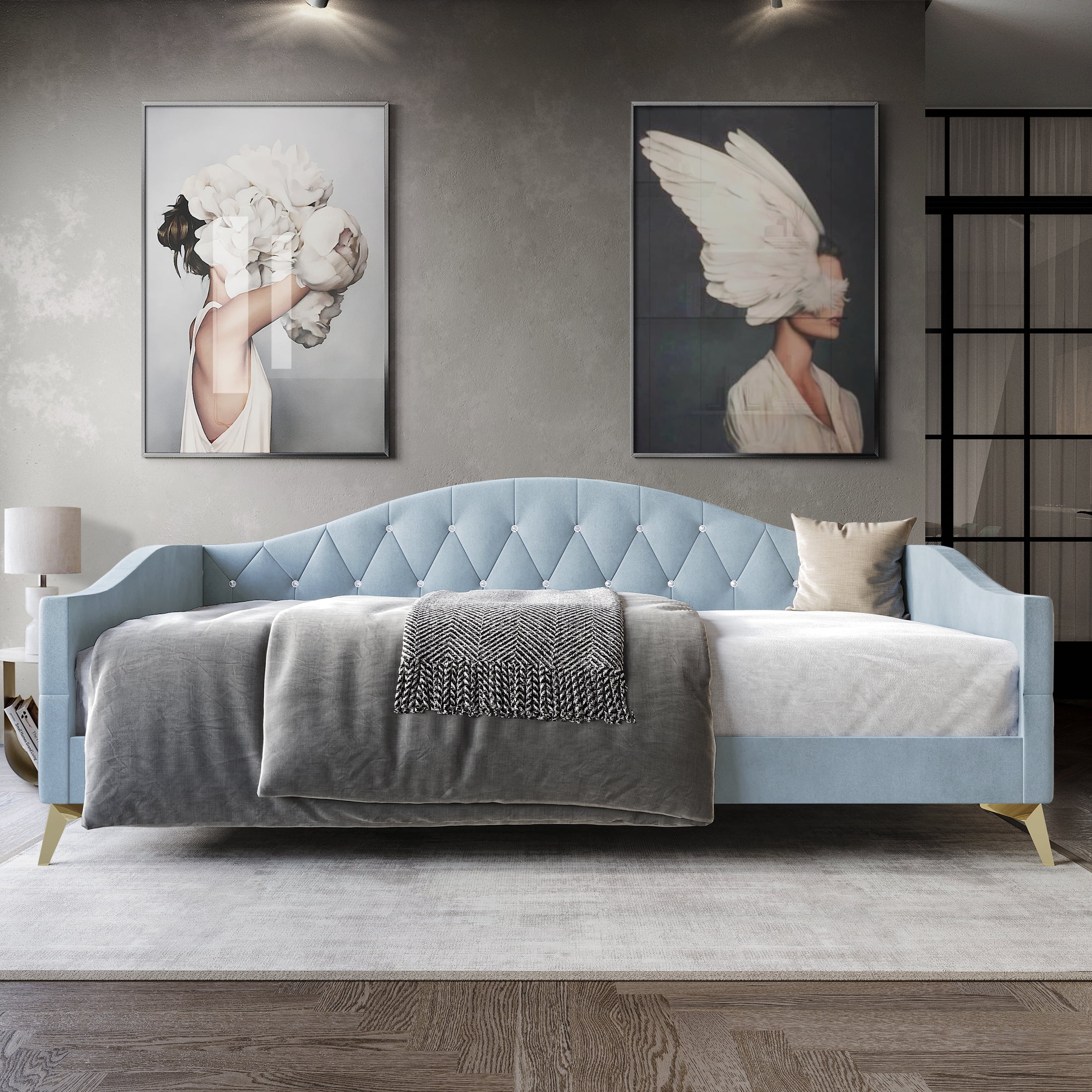 Castle Place Modern Camelback Silhouette Velvet Upholstered Twin Daybed, Light Blue