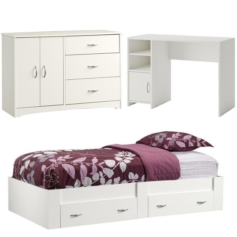 Home Square 3 Piece Set with Twin Bed Bedroom Dresser and Computer Desk