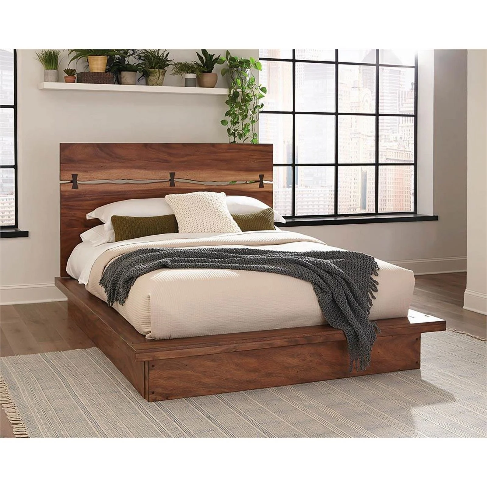 Pemberly Row Farmhouse Wood Queen Bed Smokey Walnut and Brown