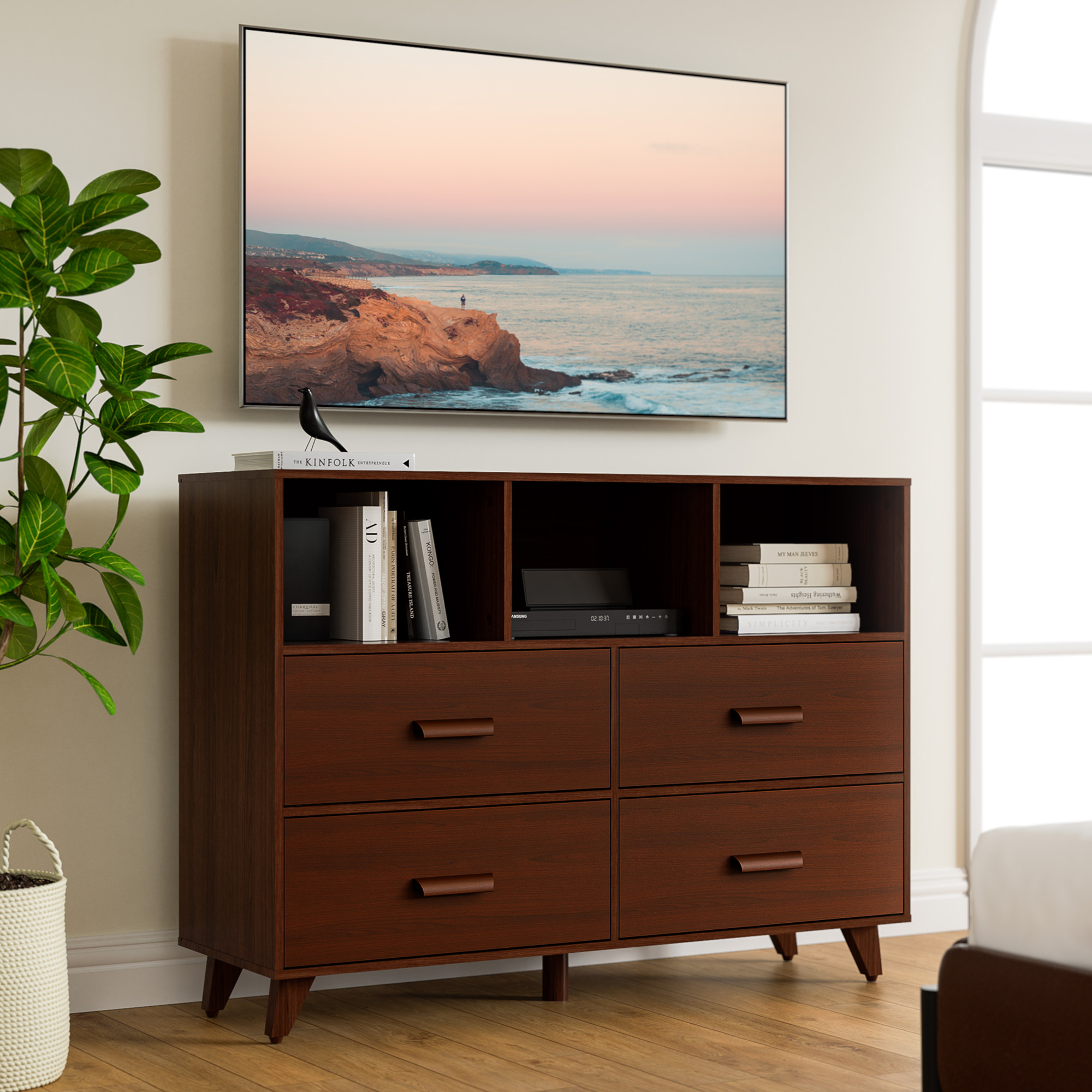 Cozy Castle Dresser Chest for Bedroom, 4 Drawers Chest with 3 Open Shelves, Wood Dresser Drawer Organizers for Kids Bedroom, Mid-Century Modern Dresser for Bedroom, Living Room, White and Brown