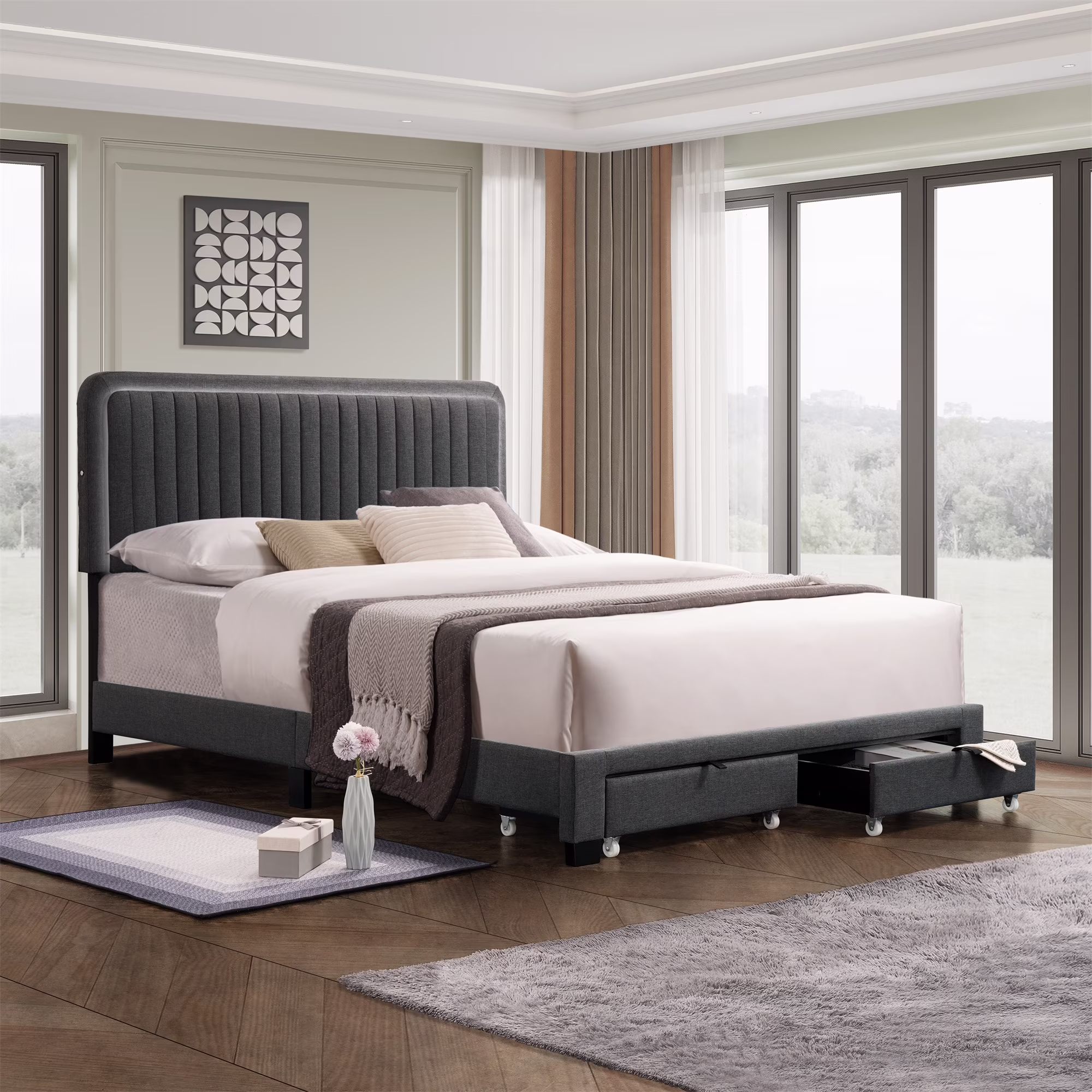 Ufurpie Queen Size Linen Upholstered Platform Bed with Sensor LED Light,Bed Frame with Adjustable Headboard and 2 Footboard Drawers,NO Box Spring Required,Dark Gray