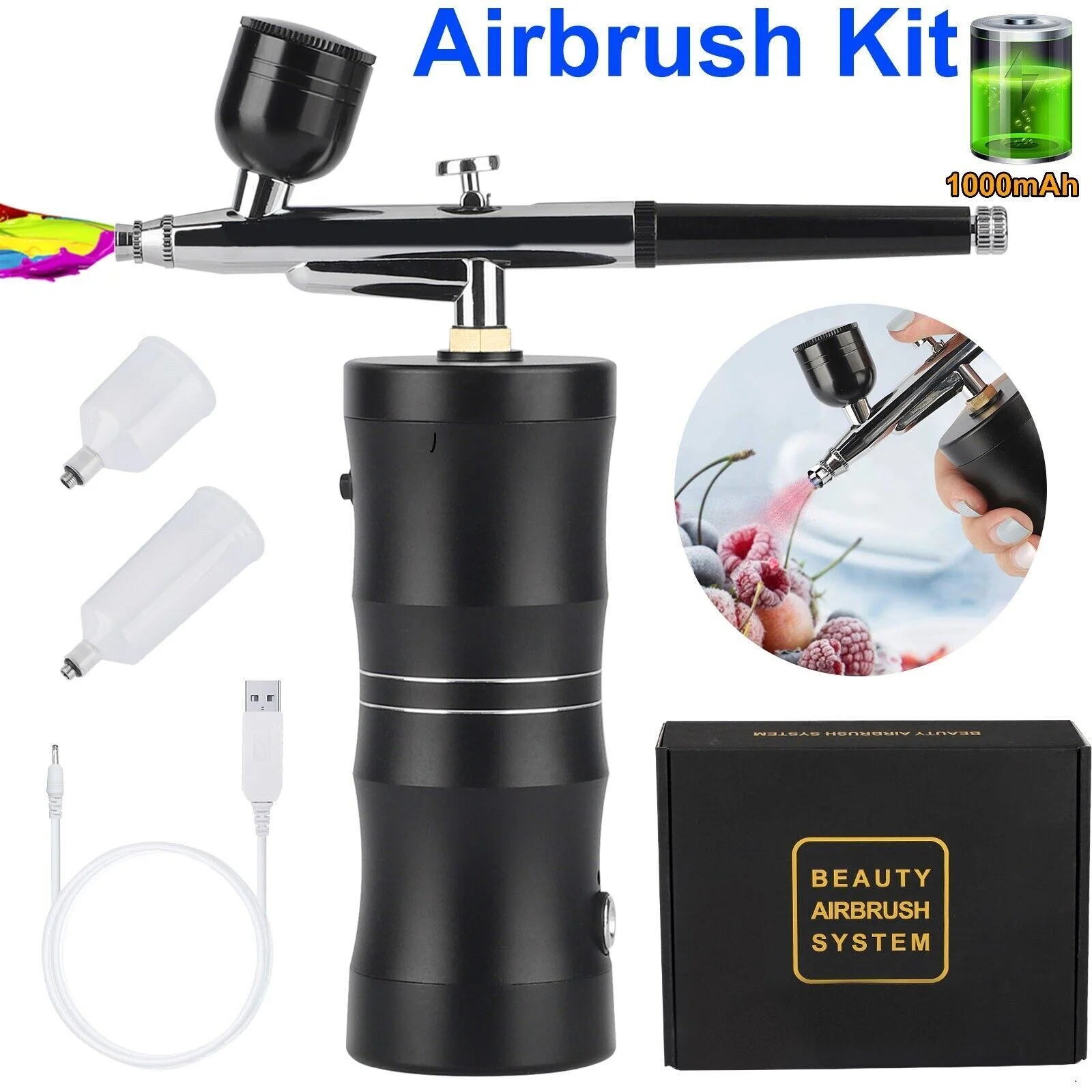 Supsupsiu Airbrush Kit with Air Compressor and Nozzles, TSV Portable Handheld Auto Mini Dual-Action Cordless Airbrushing Gun Set for Cake Decorating, Makeup, Model Coloring, Tattoo, Nail Design