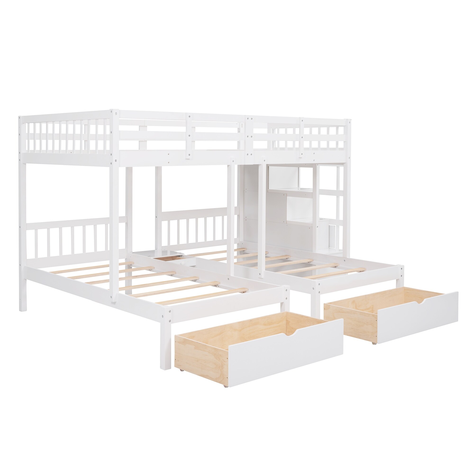 Wood Triple Bunk Bed with Guardrails, Full Over Twin & Twin Bunk Bed White