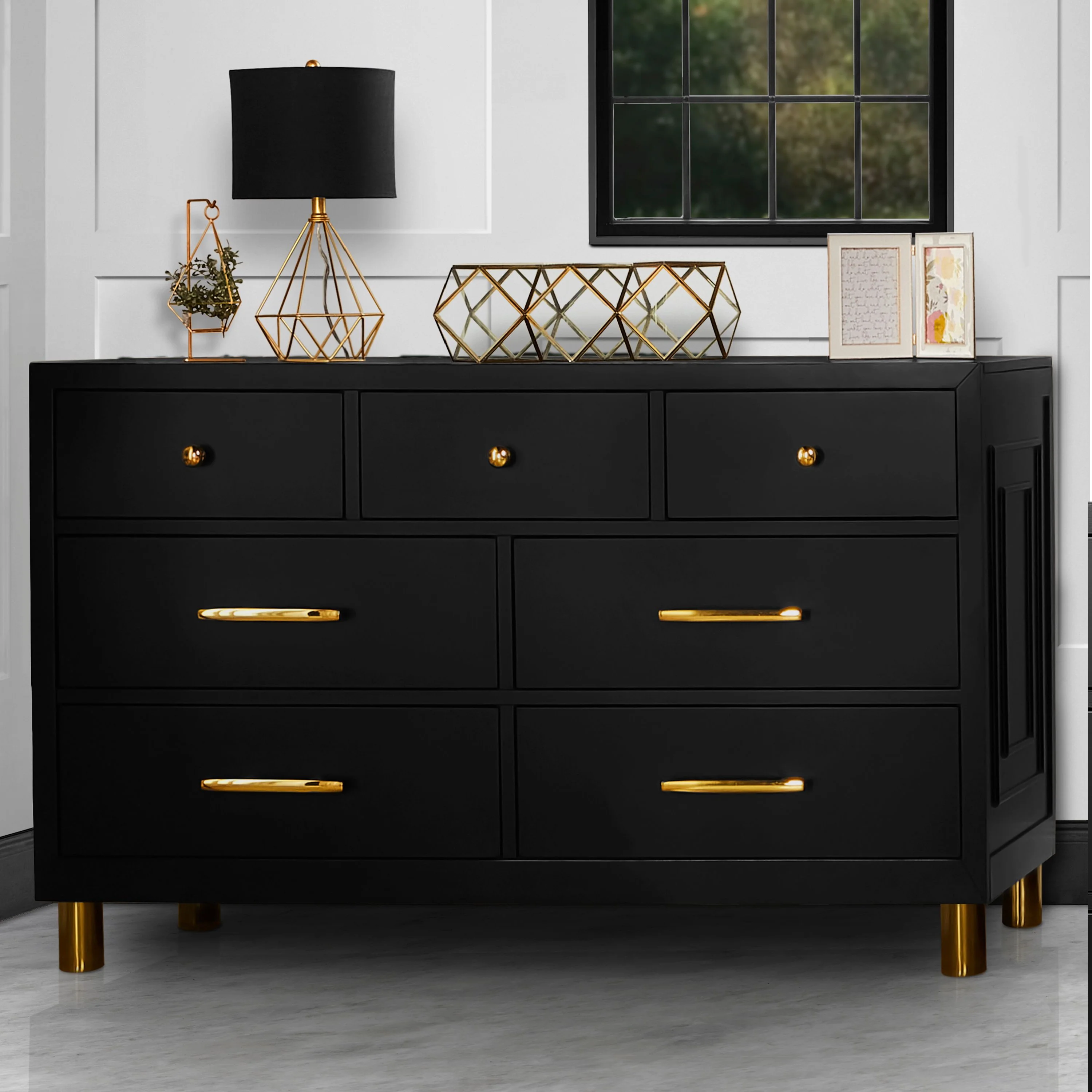 Evolur Loft Art Deco Double Dresser with 7 Drawers, Metal Drawer Pulls, Black, Modern