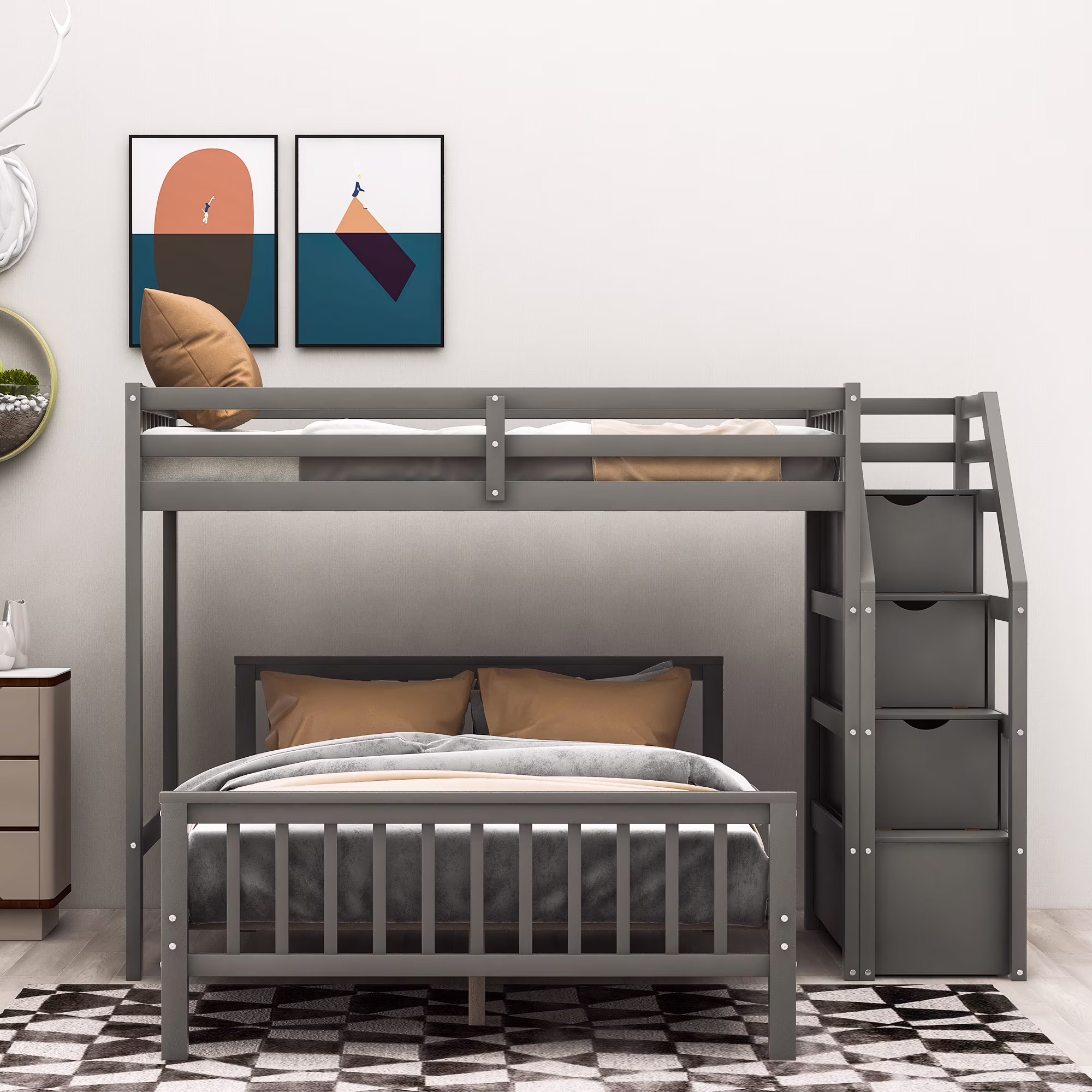 Twin Over Full Loft Bed for Kids Solid Wood Bed Frame with 3 Storage Drawers and Ladders