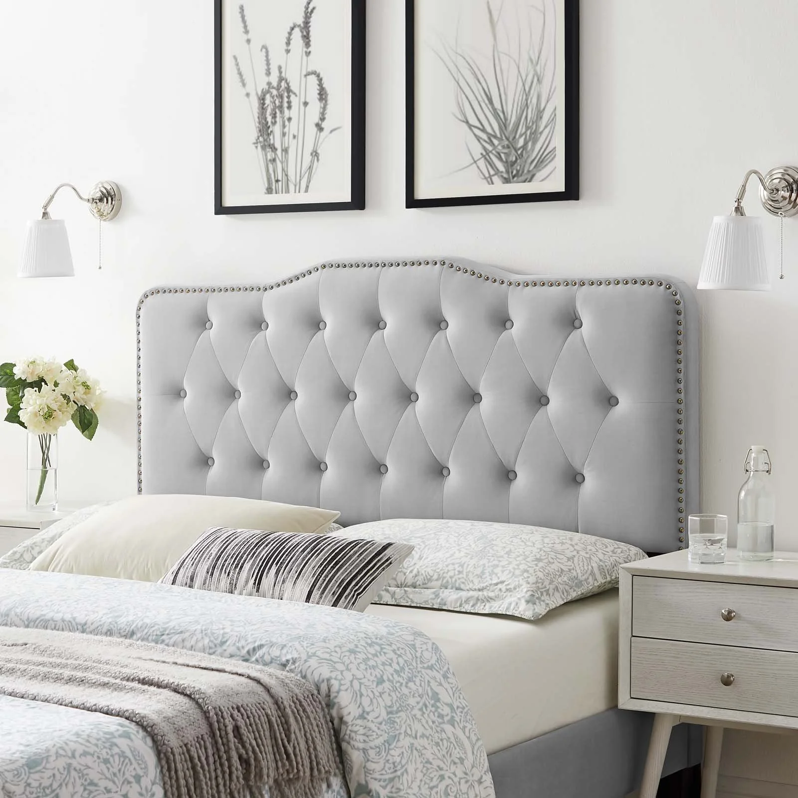 Tufted Headboard, Twin Size, Velvet, Light Grey Gray, Modern Contemporary Urban Design, Bedroom Master Guest Suite